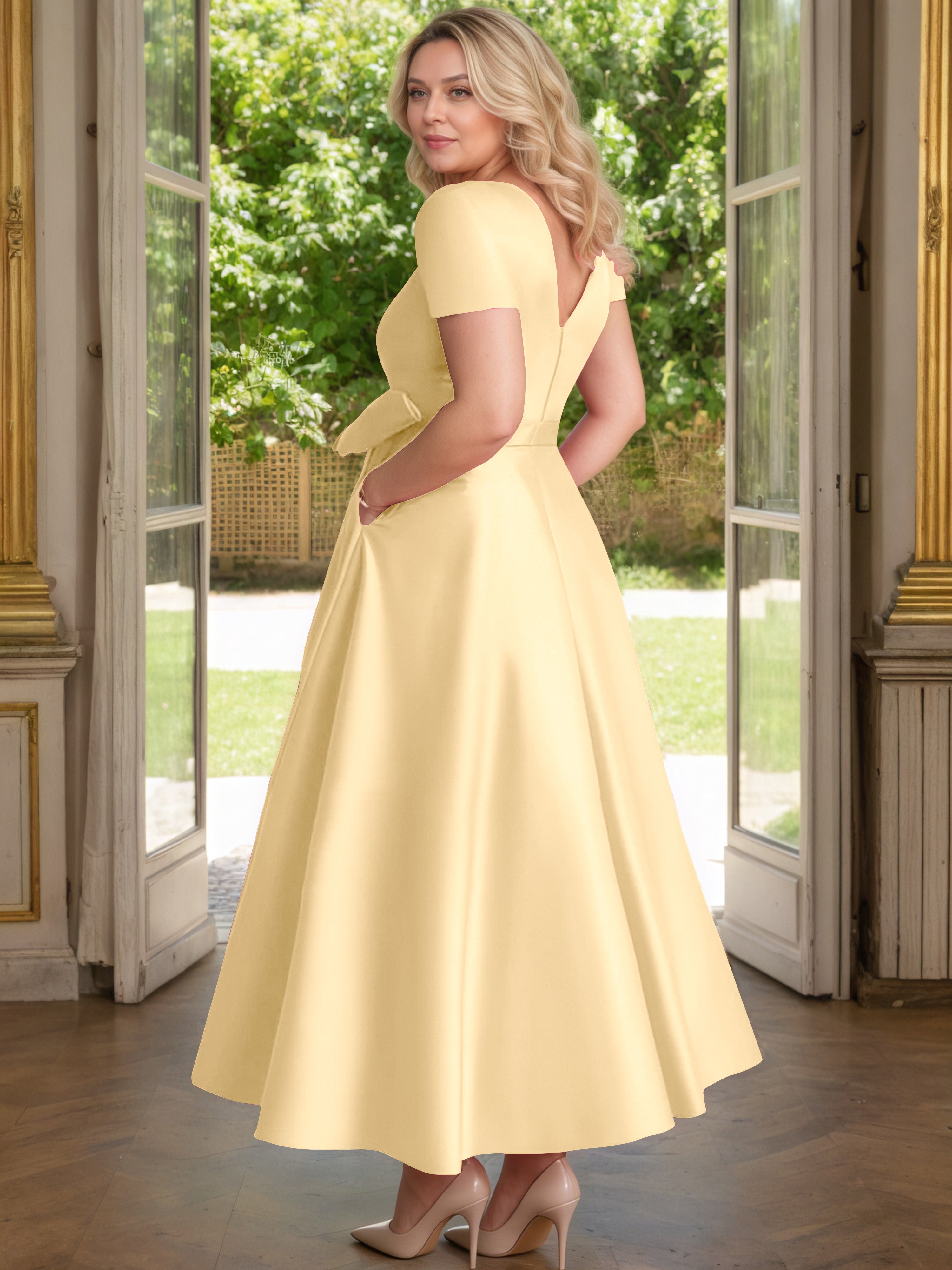 Cicinia Gold Mother Of The Bride Dress Satin Beading V-Neck Sleeves Ankle Length A-Line Plus Size