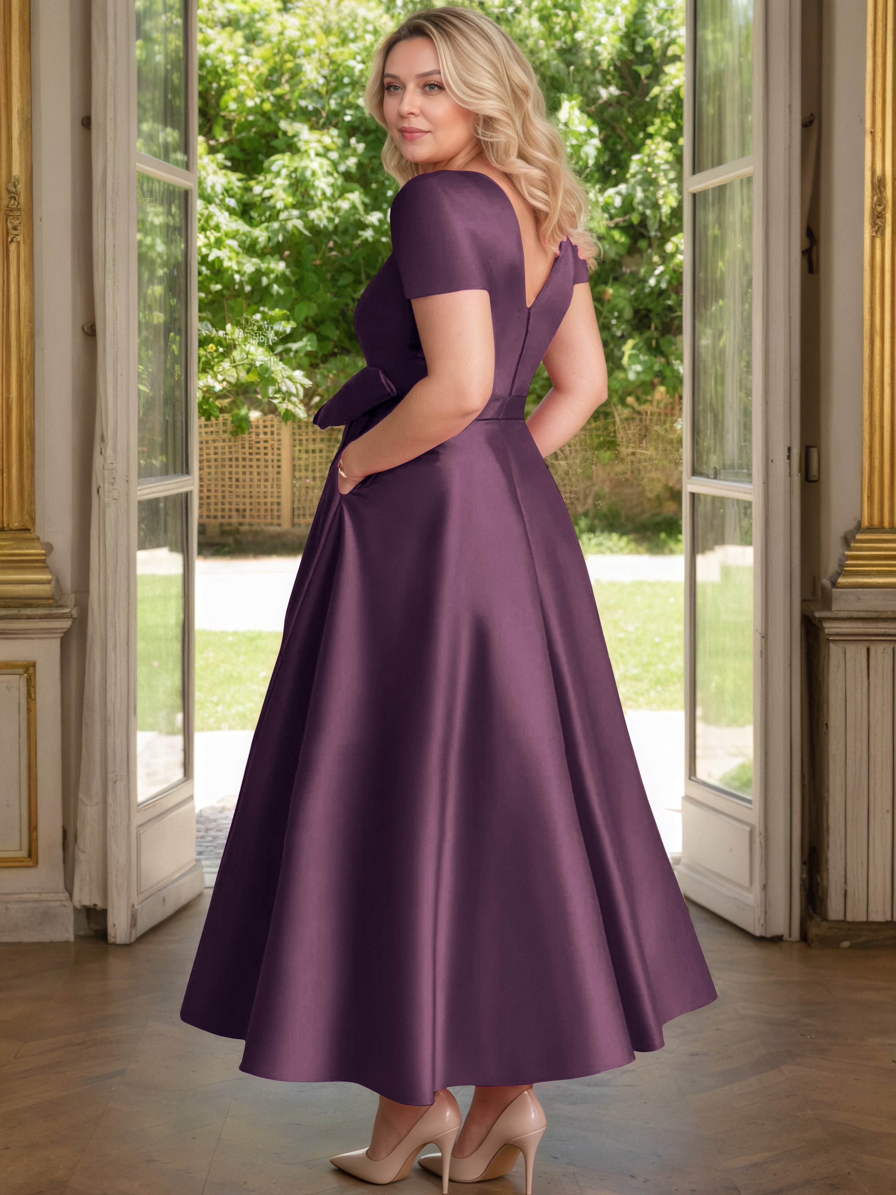 Cicinia Grape Mother Of The Bride Dress Satin Beading V-Neck Sleeves Ankle Length A-Line Plus Size