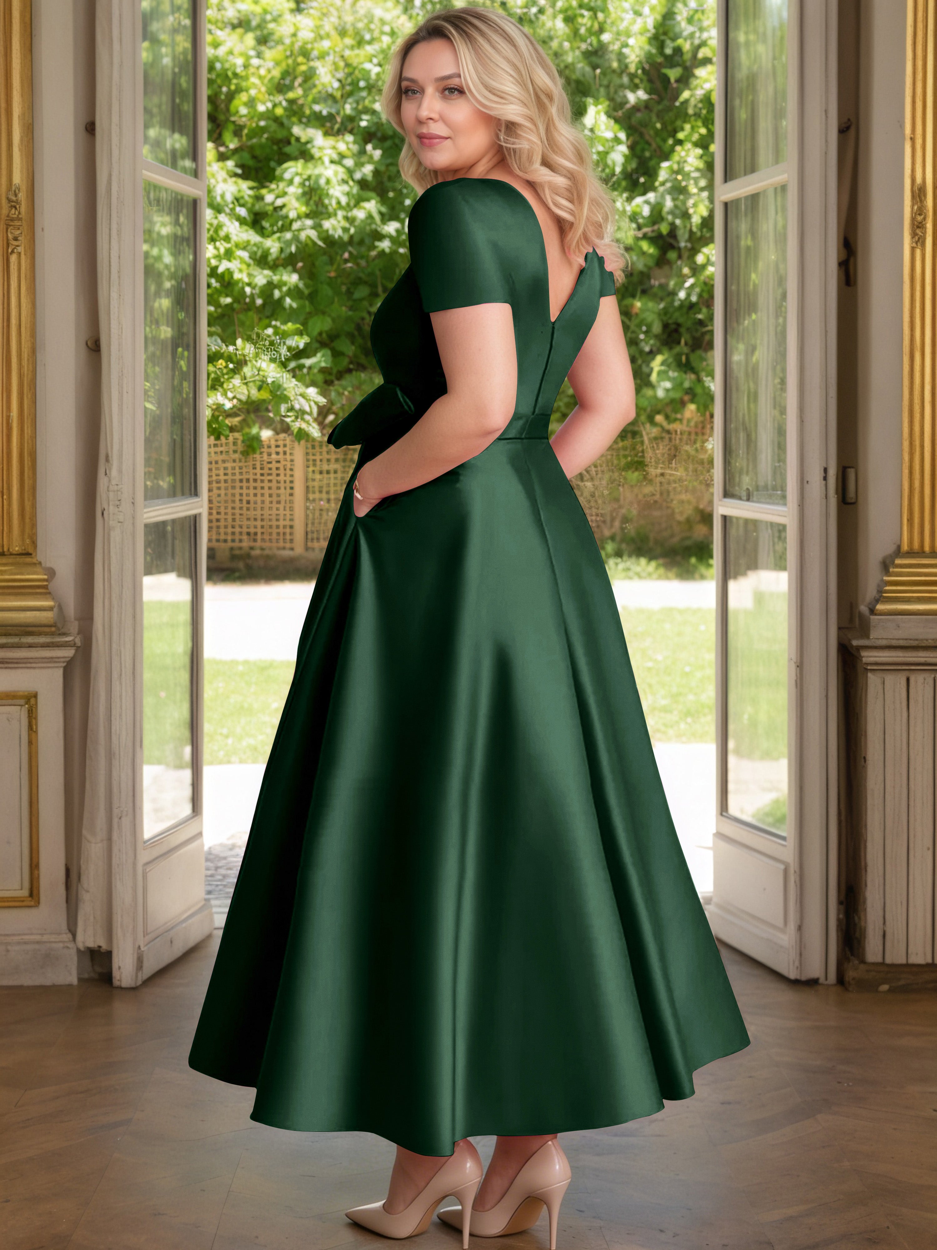 Cicinia Hunter Green Mother Of The Bride Dress Satin Beading V-Neck Sleeves Ankle Length A-Line Plus Size