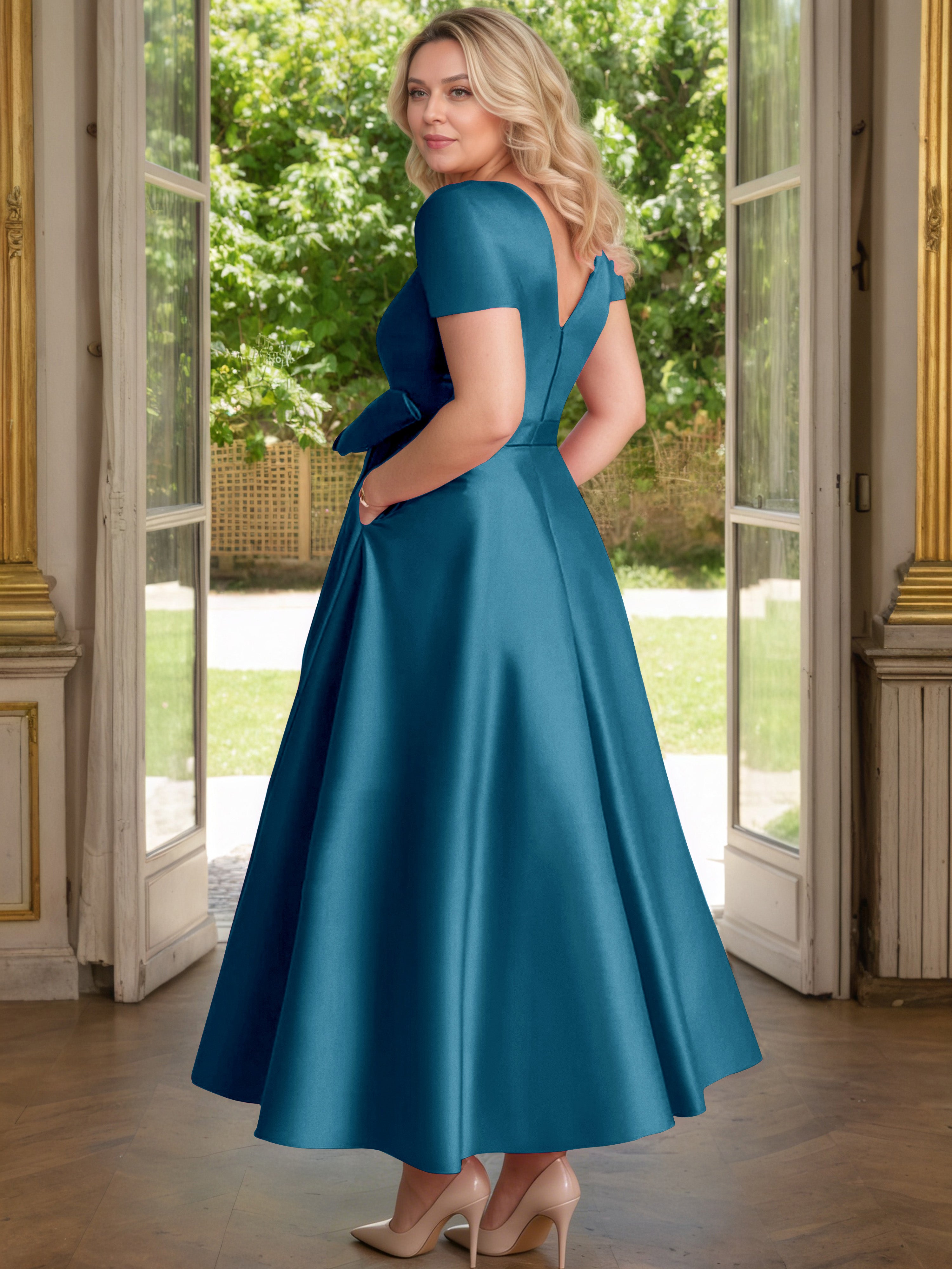 Cicinia Ink Blue Mother Of The Bride Dress Satin Beading V-Neck Sleeves Ankle Length A-Line Plus Size
