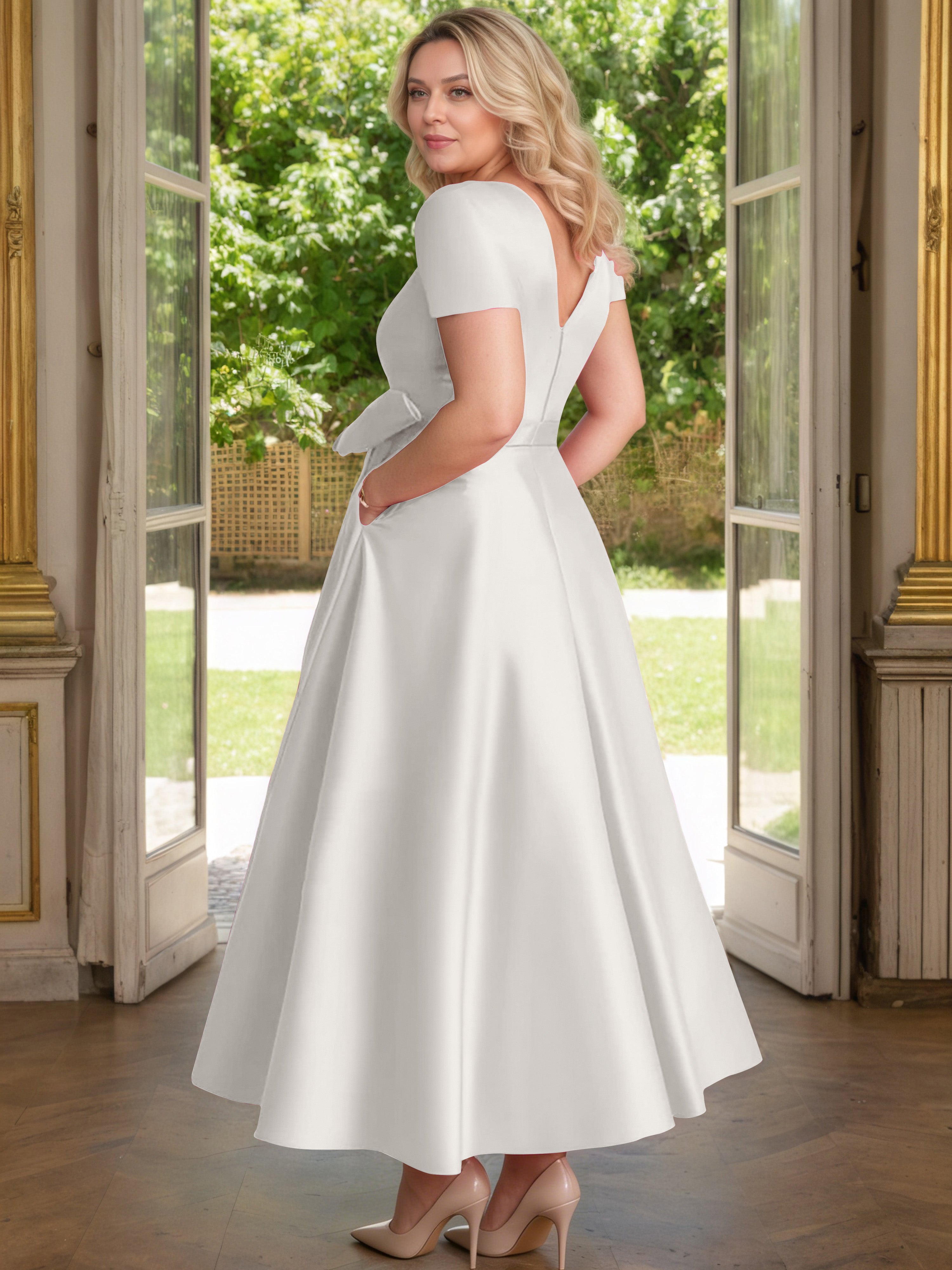 Cicinia Ivory Mother Of The Bride Dress Satin Beading V-Neck Sleeves Ankle Length A-Line Plus Size