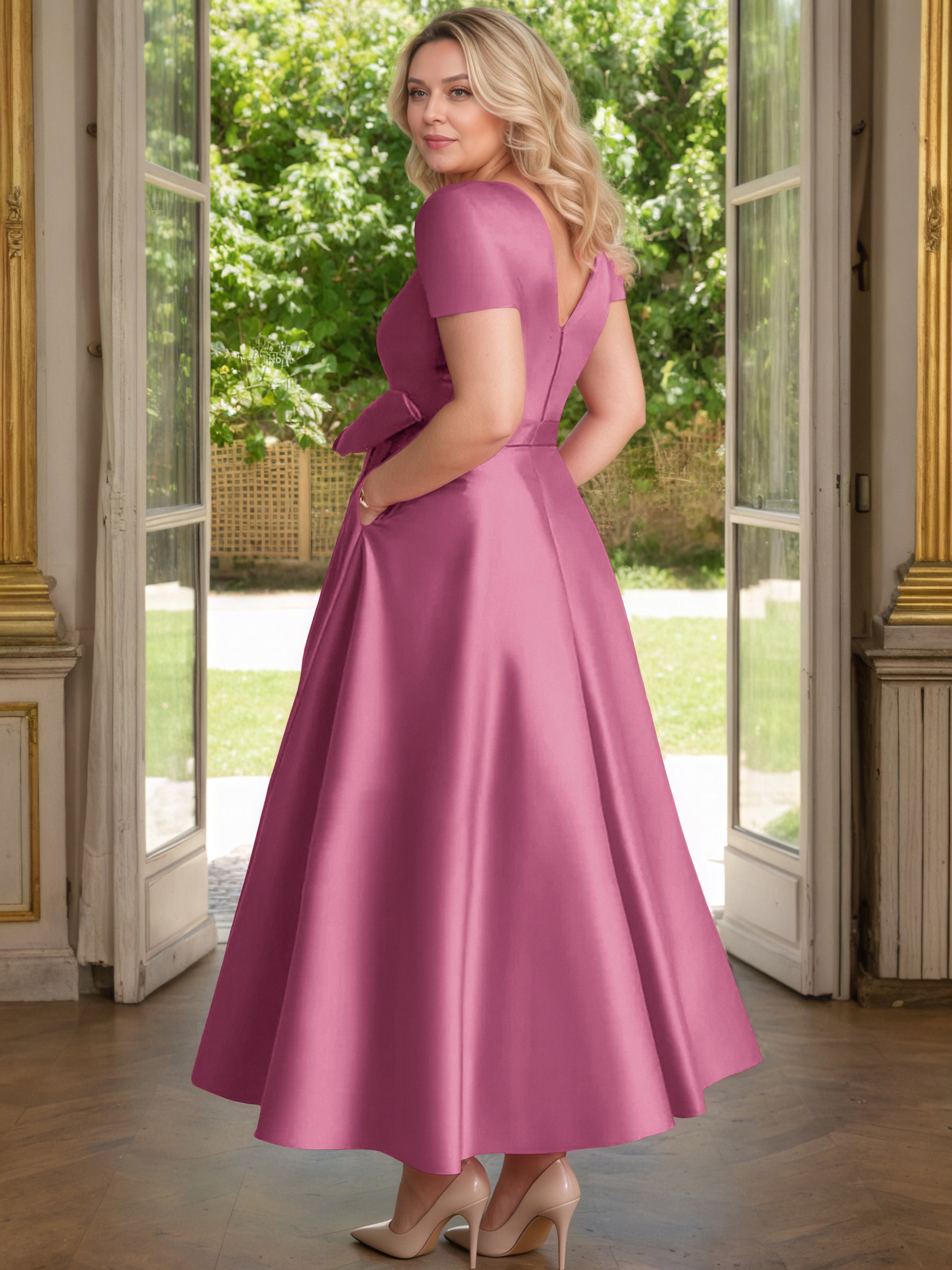 Cicinia Mulberry Mother Of The Bride Dress Satin Beading V-Neck Sleeves Ankle Length A-Line Plus Size