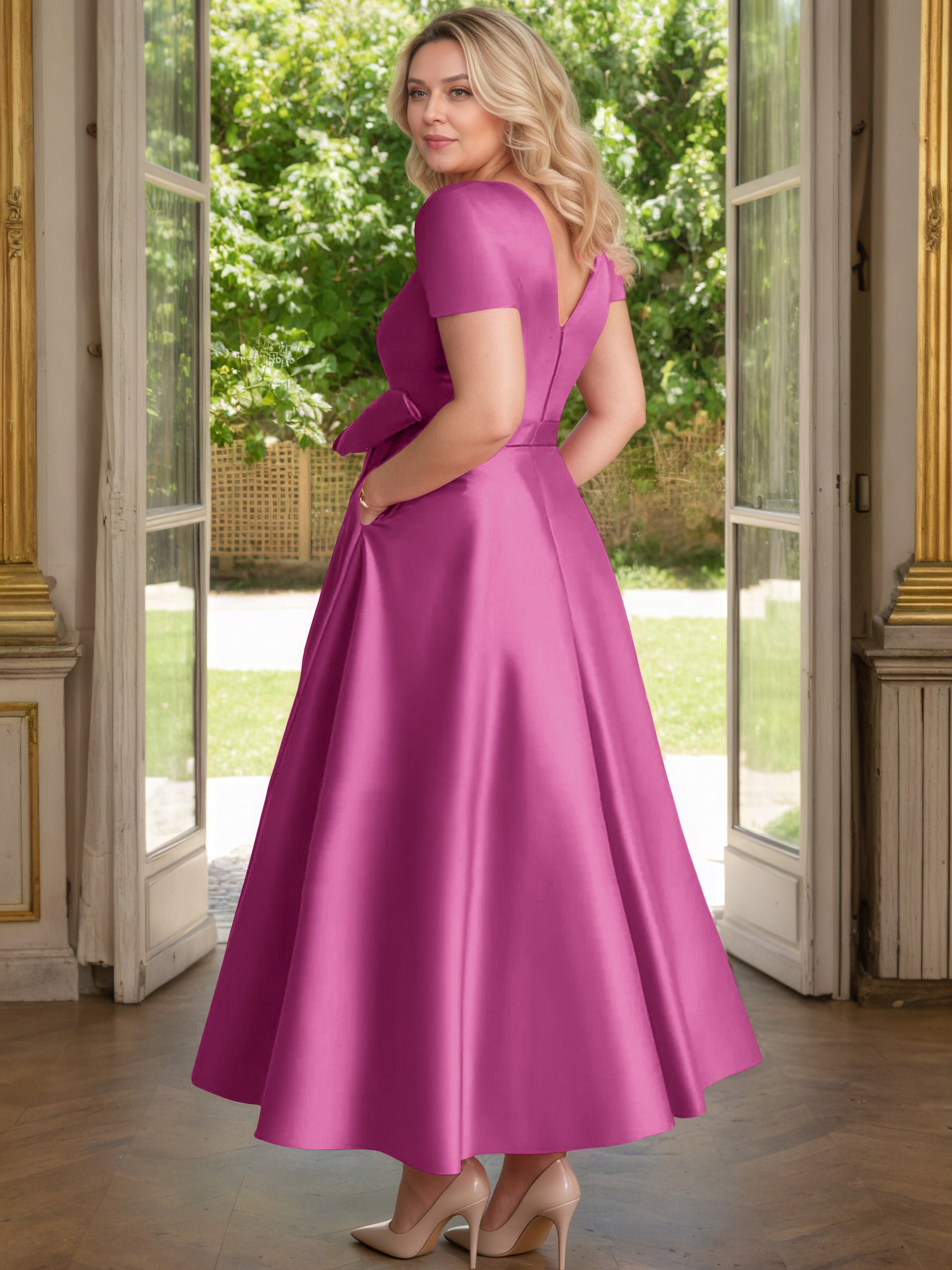 Cicinia Orchid Mother Of The Bride Dress Satin Beading V-Neck Sleeves Ankle Length A-Line Plus Size