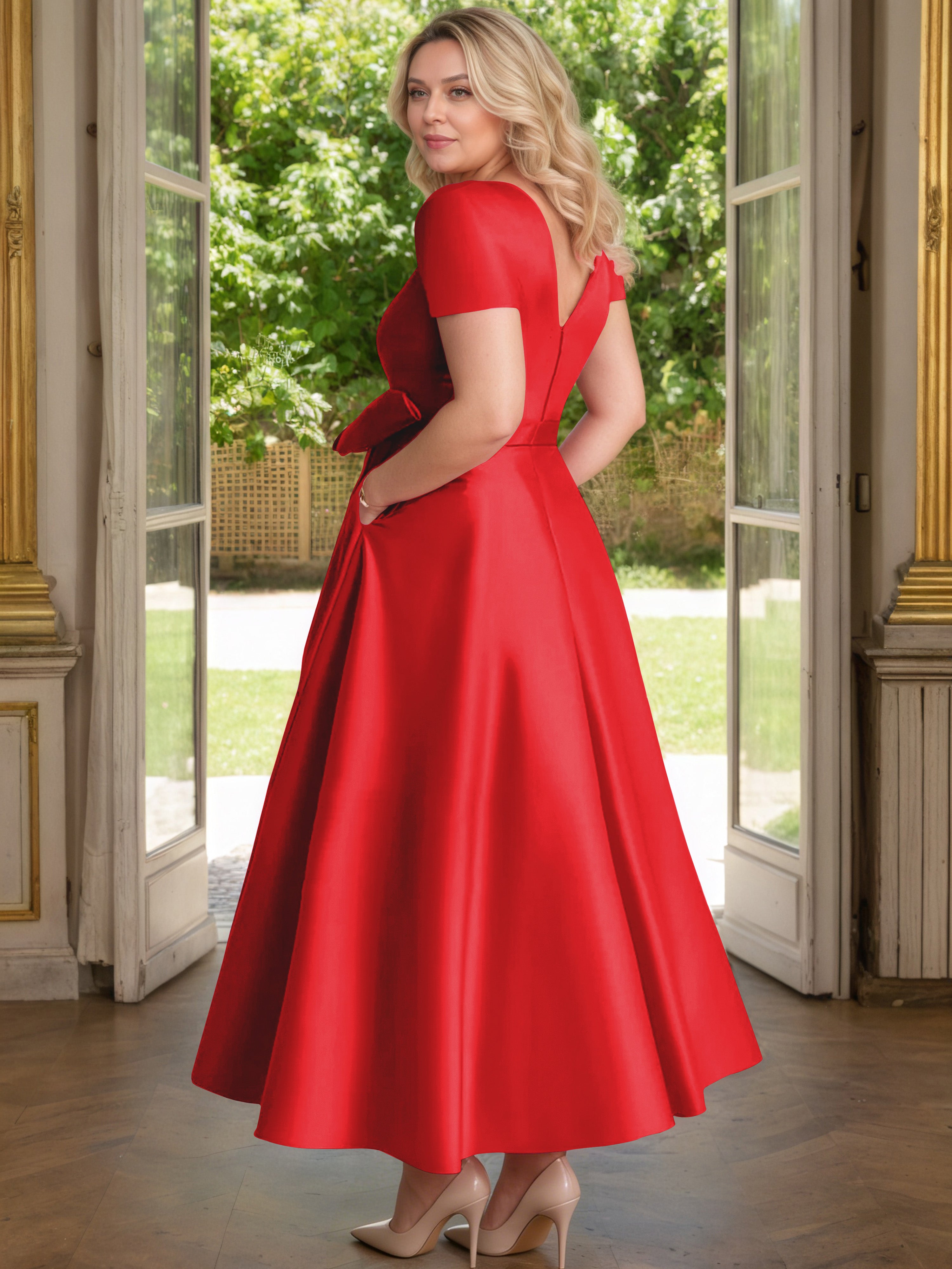 Cicinia Red Mother Of The Bride Dress Satin Beading V-Neck Sleeves Ankle Length A-Line Plus Size