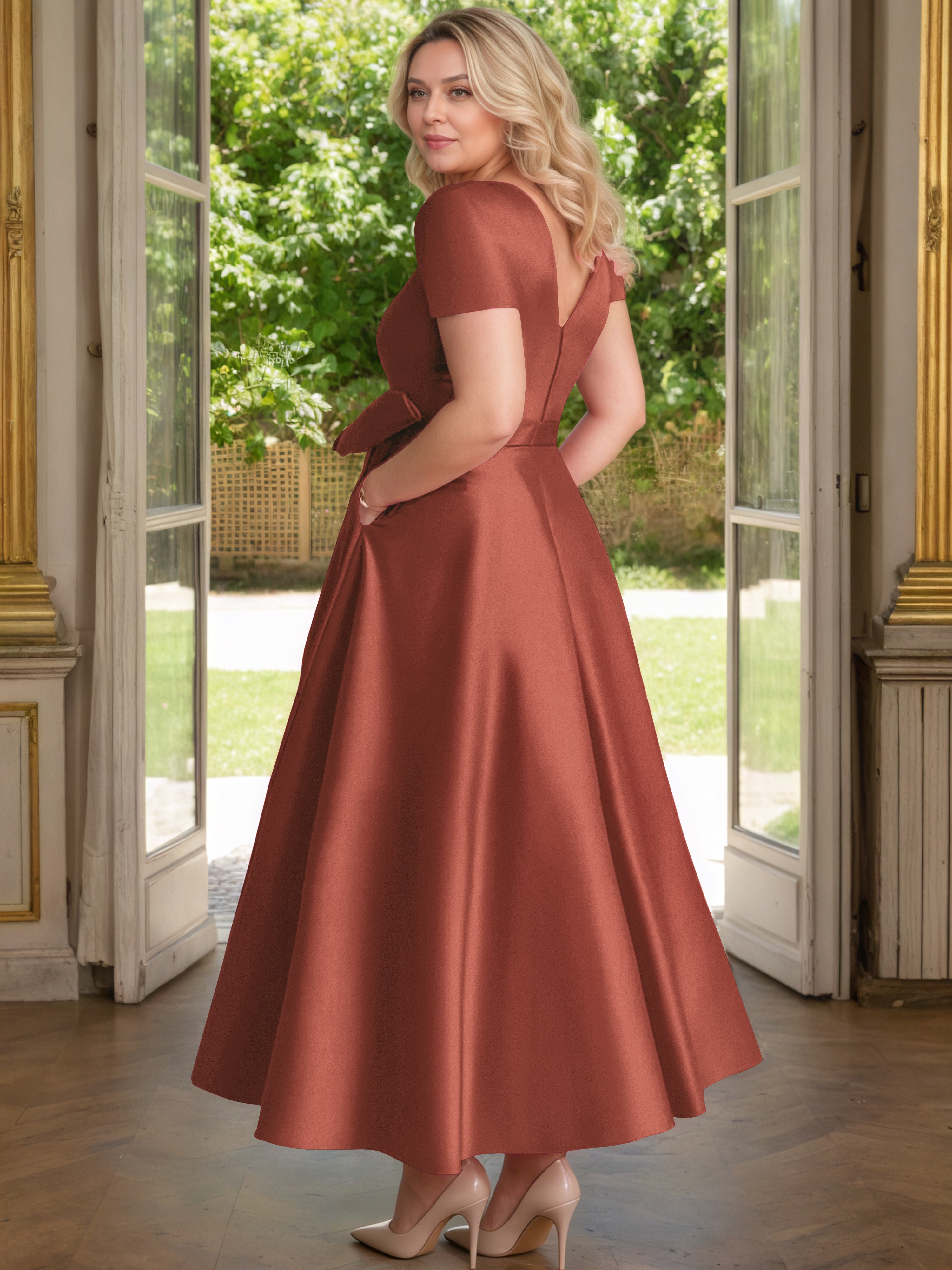 Cicinia Rust Mother Of The Bride Dress Satin Beading V-Neck Sleeves Ankle Length A-Line Plus Size