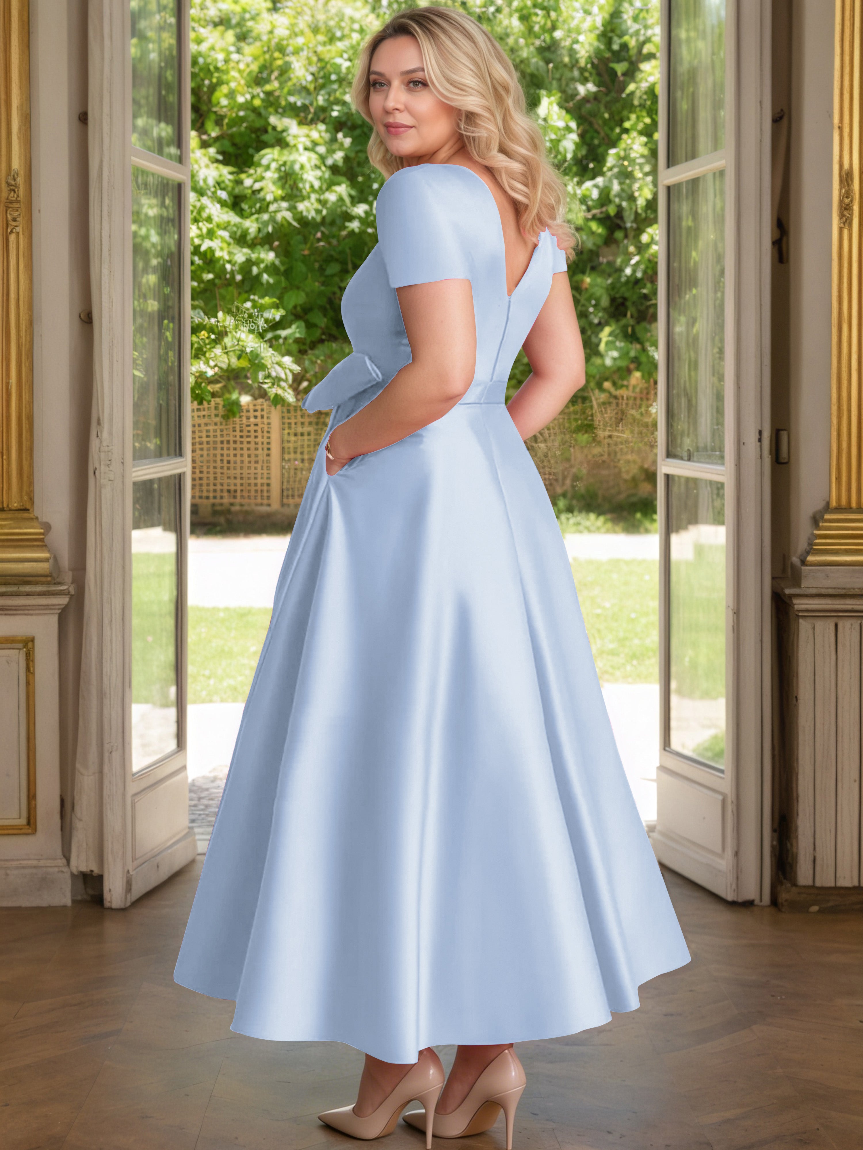 Cicinia Sky Blue Mother Of The Bride Dress Satin Beading V-Neck Sleeves Ankle Length A-Line Plus Size