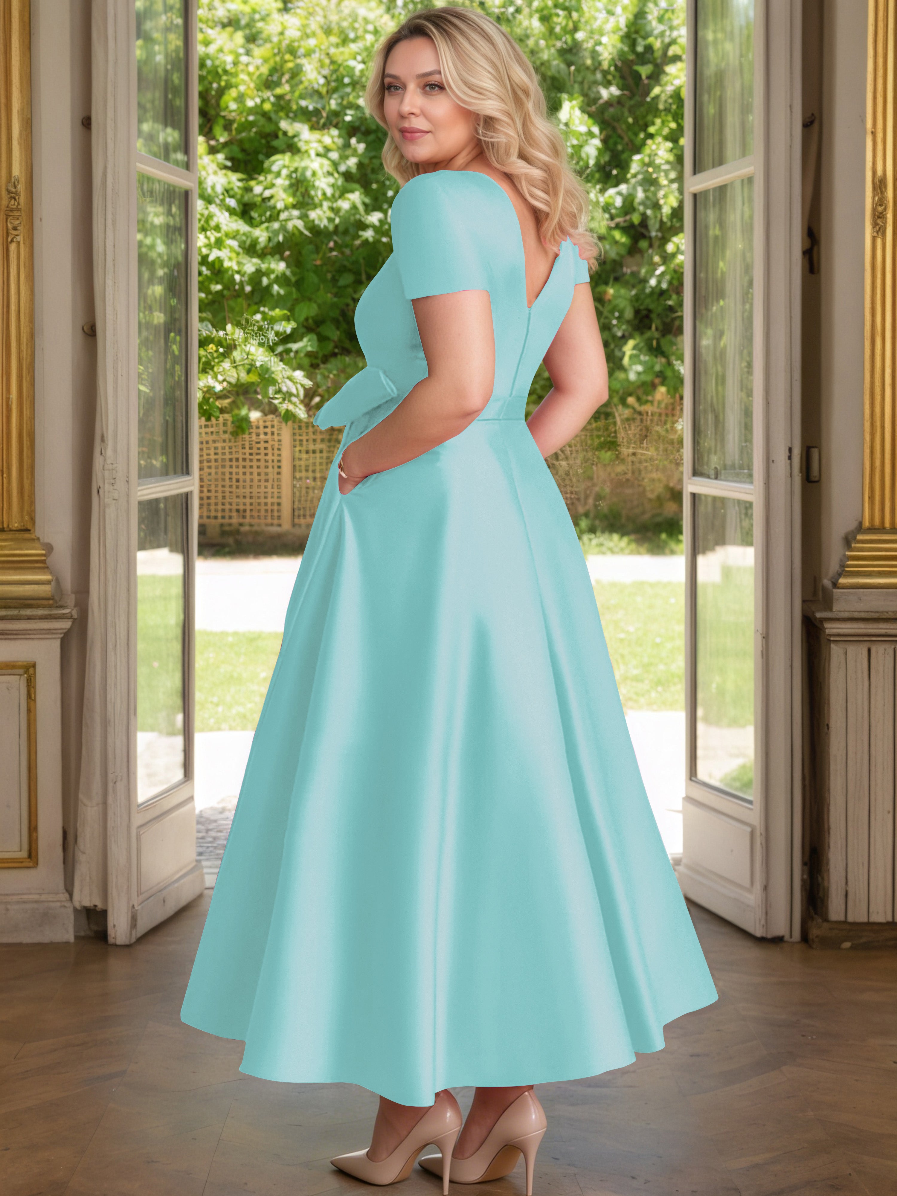 Cicinia Turquoise Mother Of The Bride Dress Satin Beading V-Neck Sleeves Ankle Length A-Line Plus Size