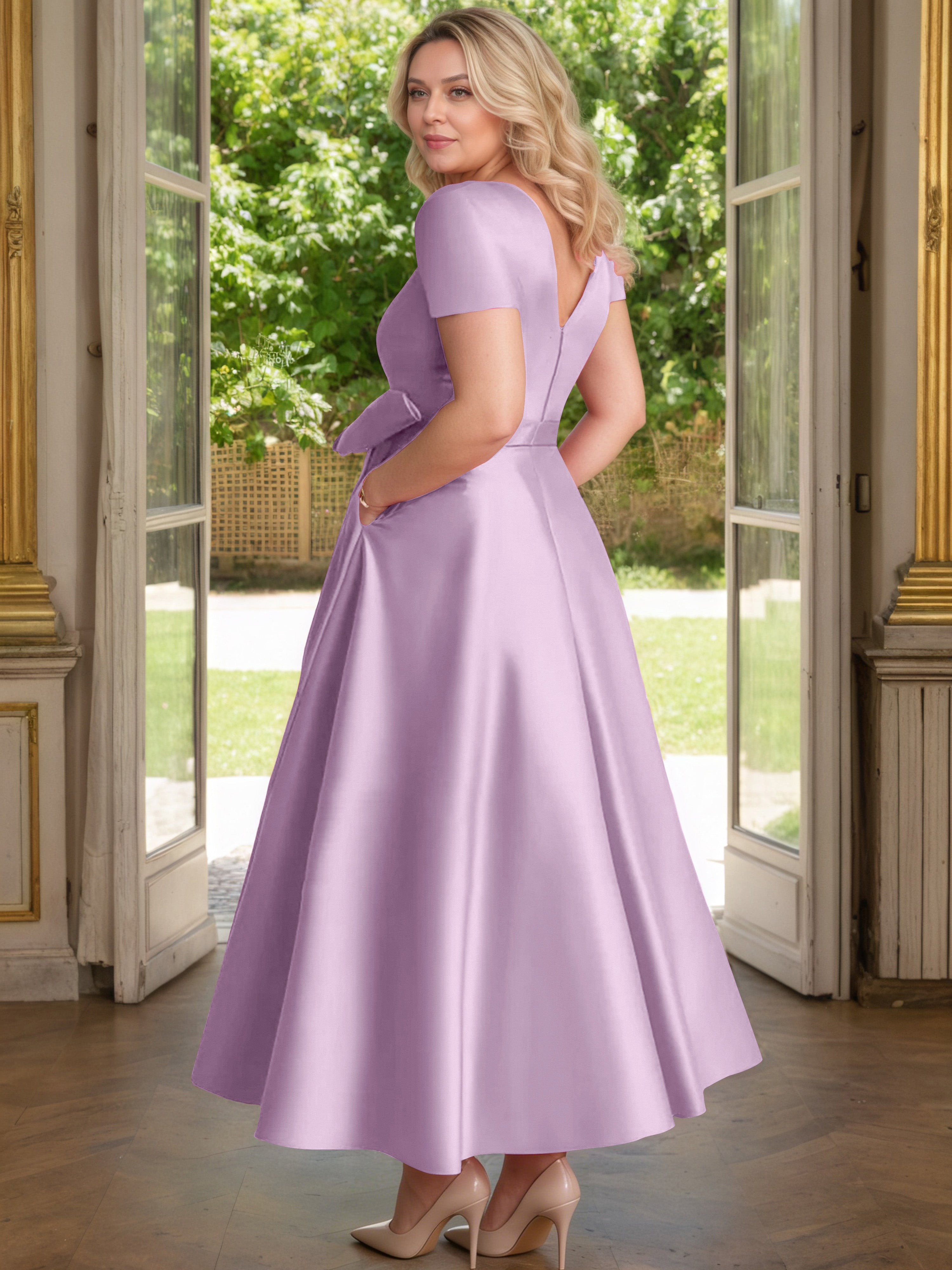 Cicinia Wisteria Mother Of The Bride Dress Satin Beading V-Neck Sleeves Ankle Length A-Line Plus Size