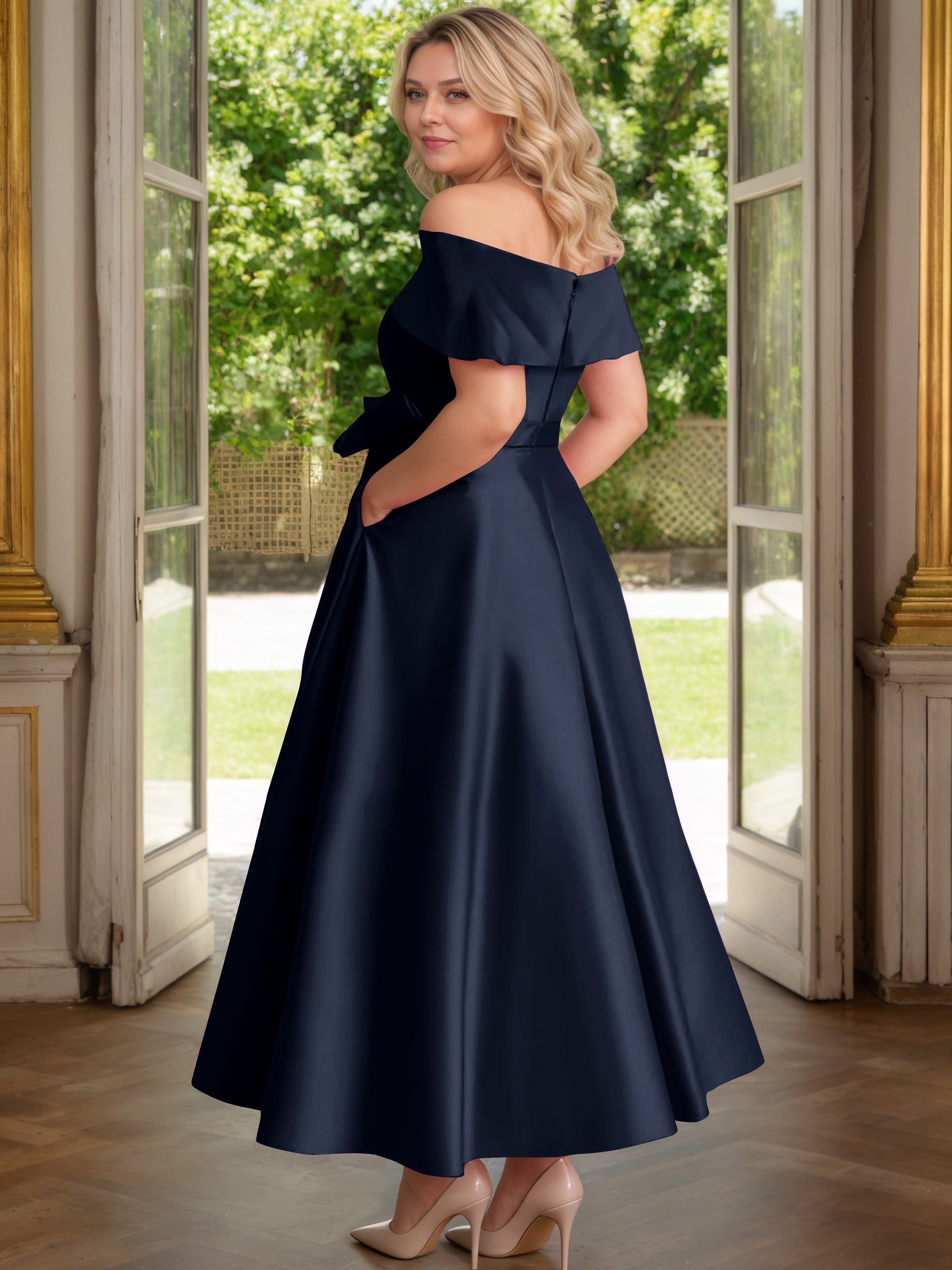 Cicinia Dark Navy Mother Of The Bride Dress Satin Off The Shoulder Ankle Length with Bowknot A-Line Plus Size