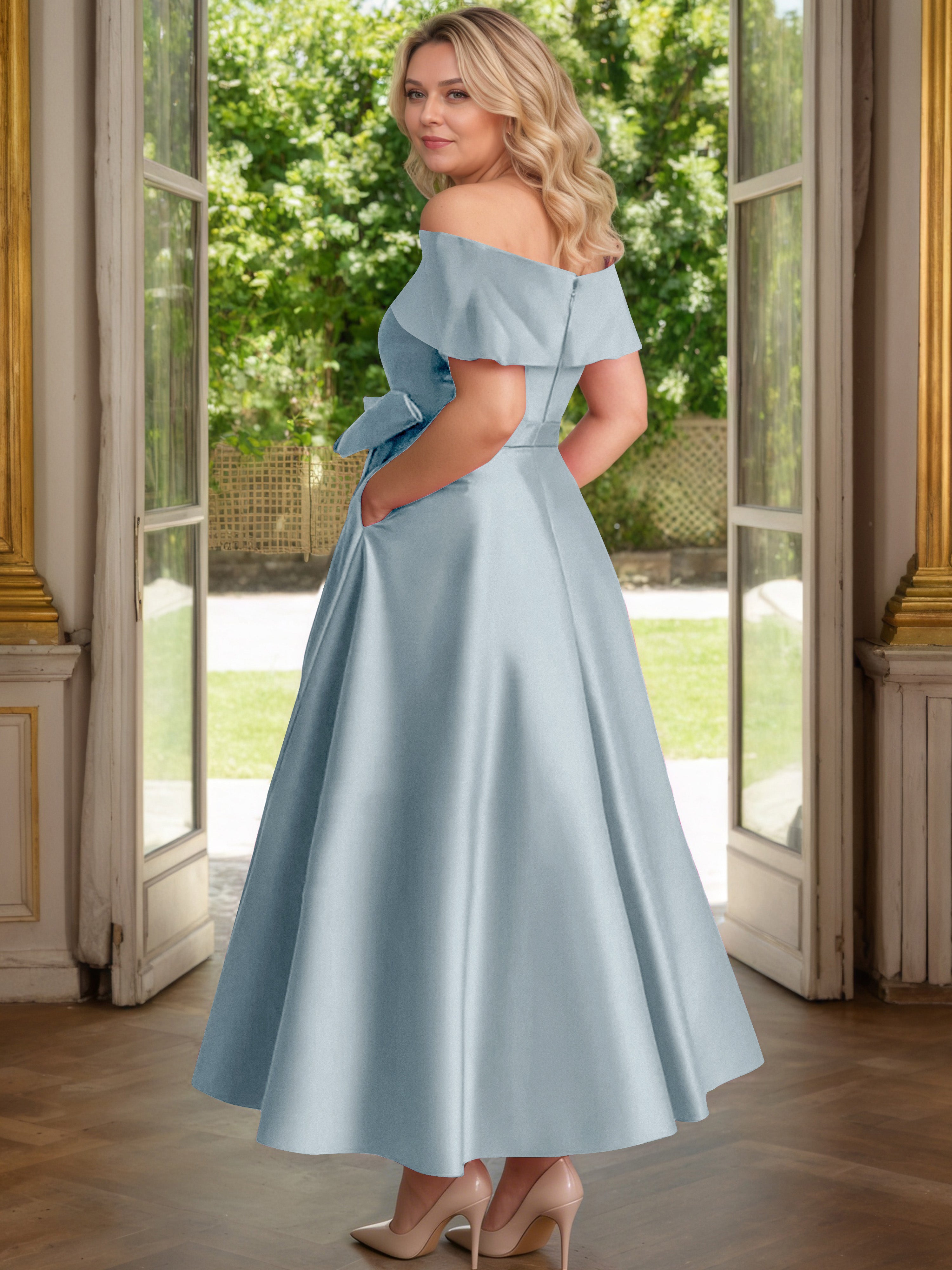 Cicinia Dusty Blue Mother Of The Bride Dress Satin Off The Shoulder Ankle Length with Bowknot A-Line Plus Size