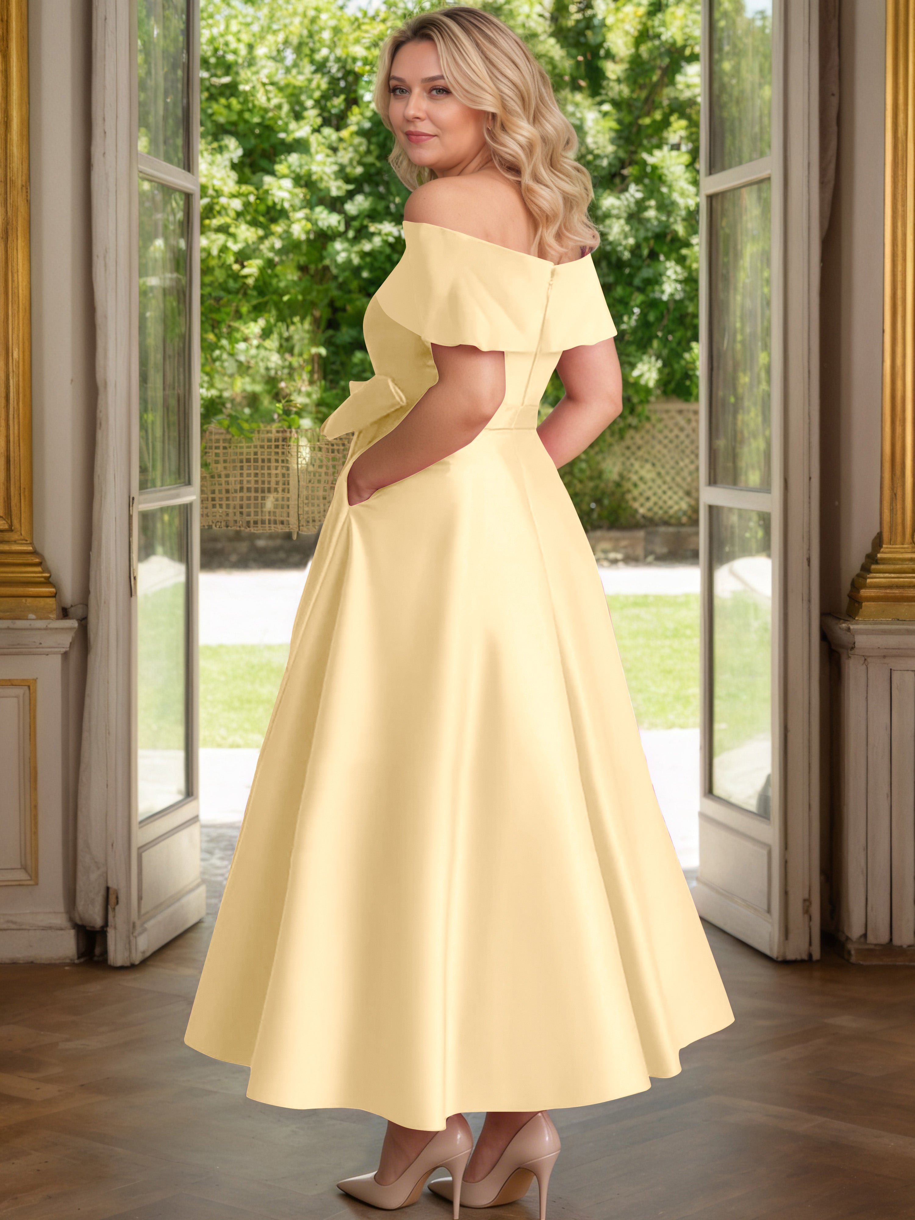 Cicinia Gold Mother Of The Bride Dress Satin Off The Shoulder Ankle Length with Bowknot A-Line Plus Size