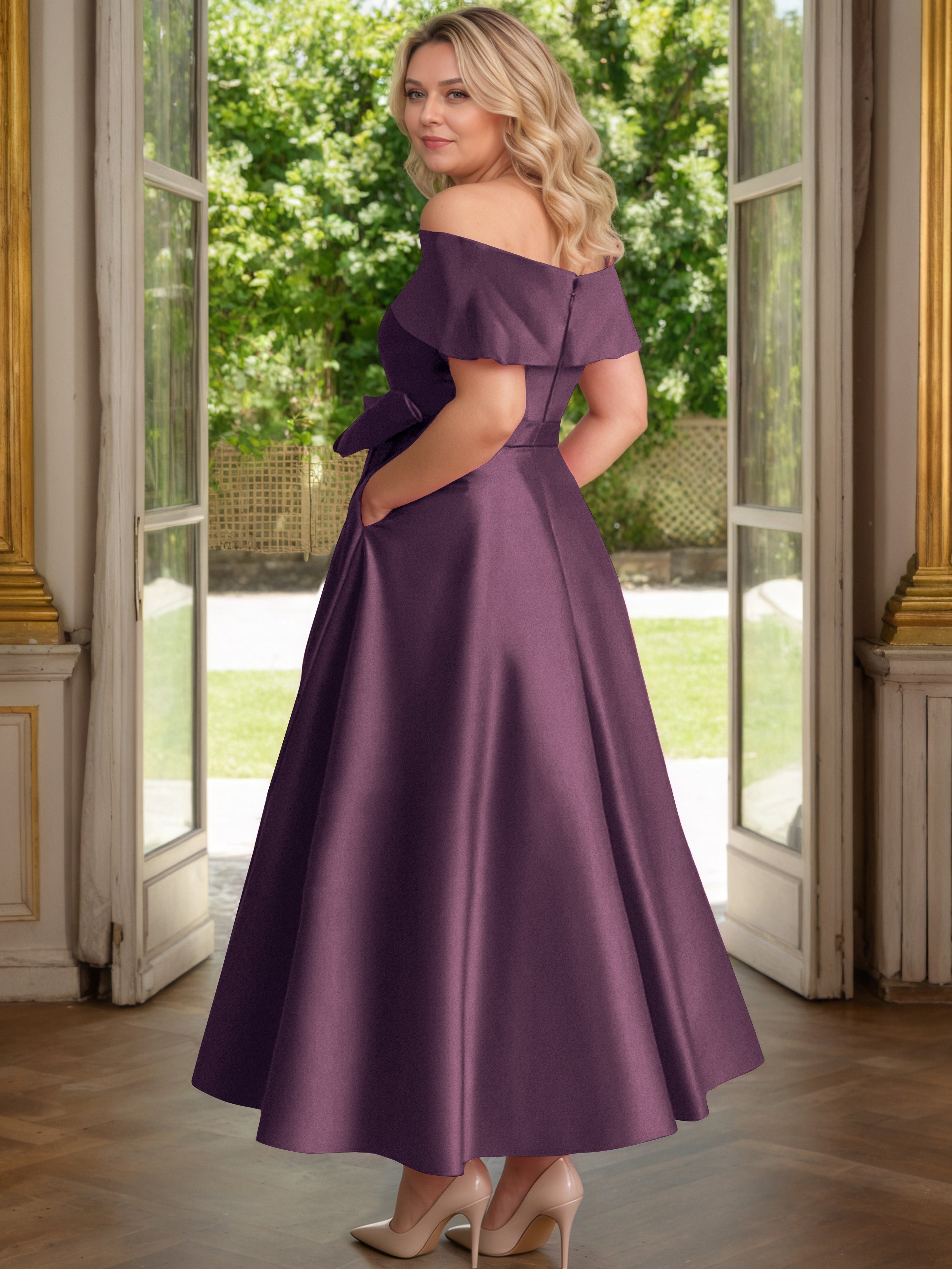 Cicinia Grape Mother Of The Bride Dress Satin Off The Shoulder Ankle Length with Bowknot A-Line Plus Size
