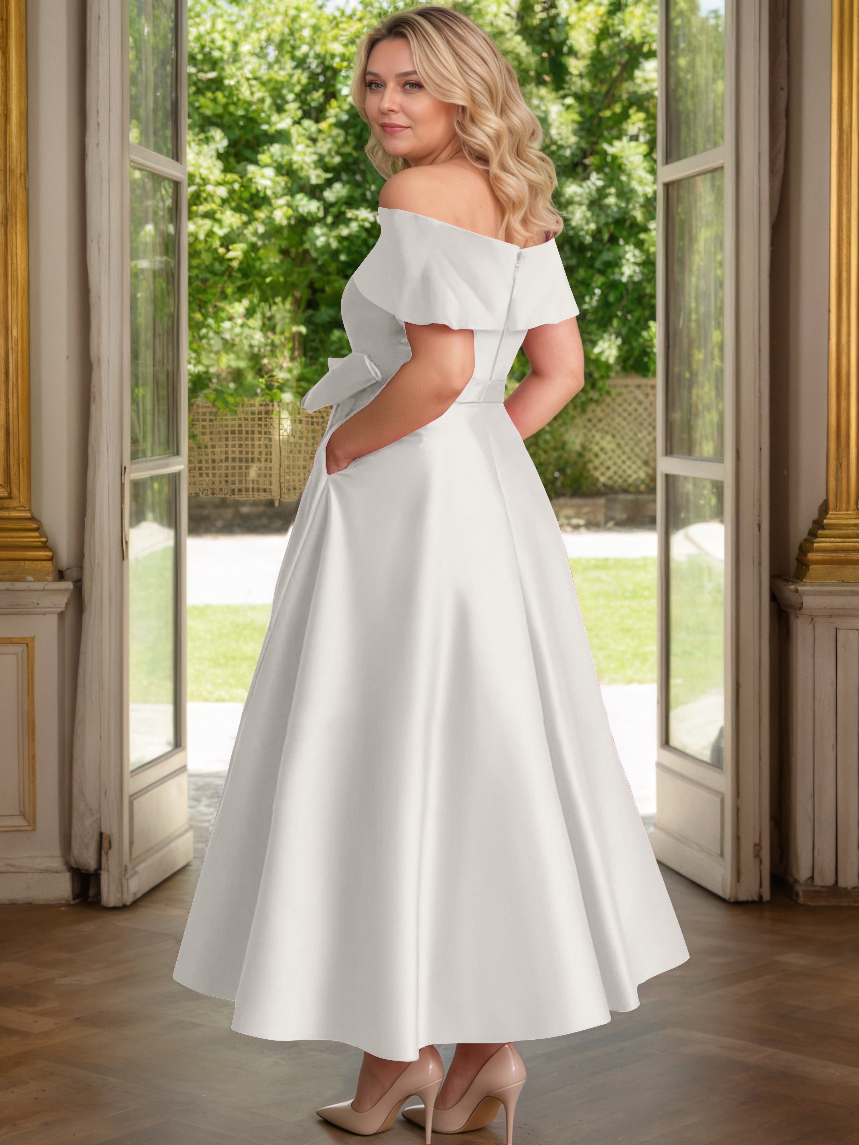 Cicinia Ivory Mother Of The Bride Dress Satin Off The Shoulder Ankle Length with Bowknot A-Line Plus Size