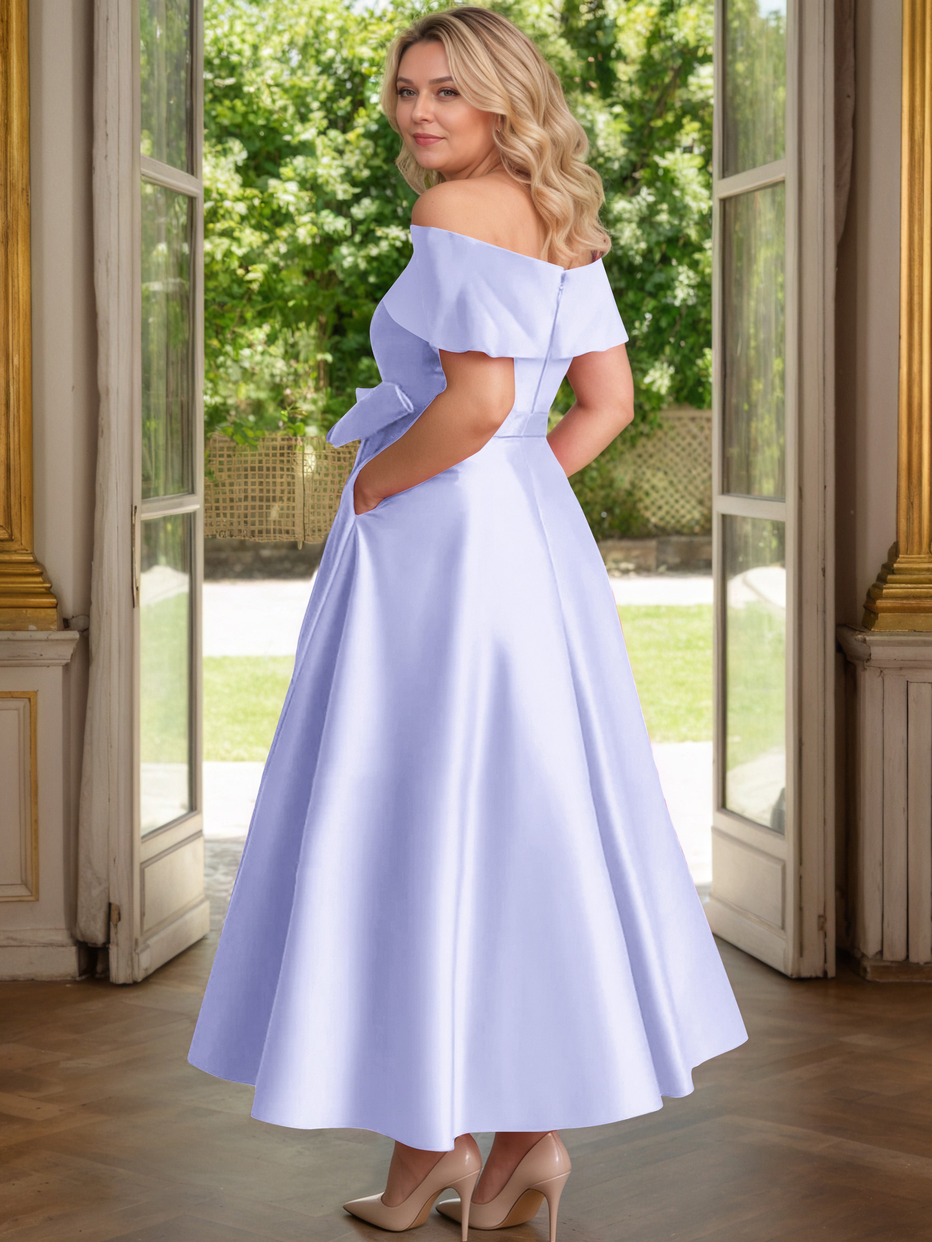 Cicinia Lavender Mother Of The Bride Dress Satin Off The Shoulder Ankle Length with Bowknot A-Line Plus Size