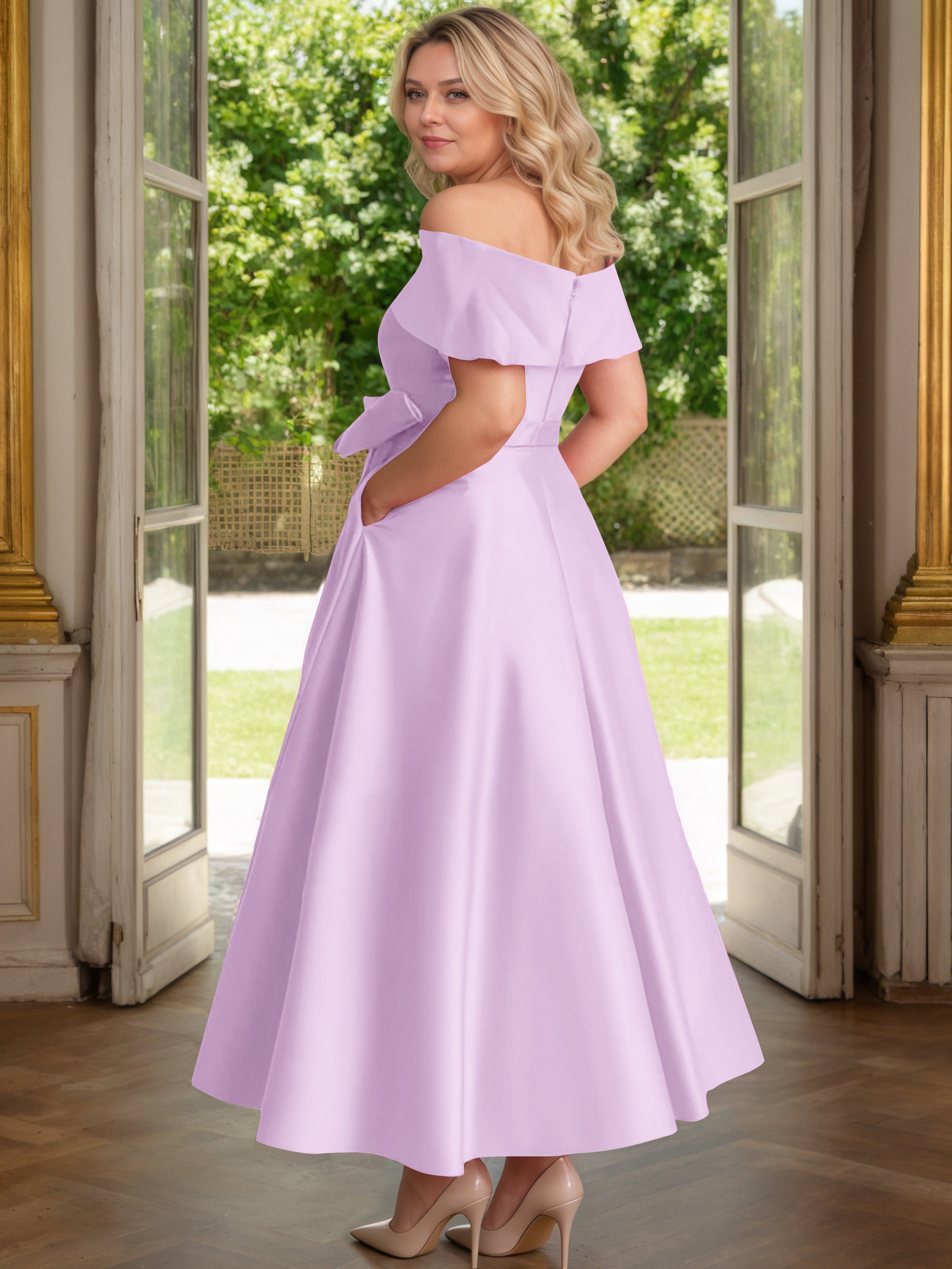 Cicinia Lilac Mother Of The Bride Dress Satin Off The Shoulder Ankle Length with Bowknot A-Line Plus Size