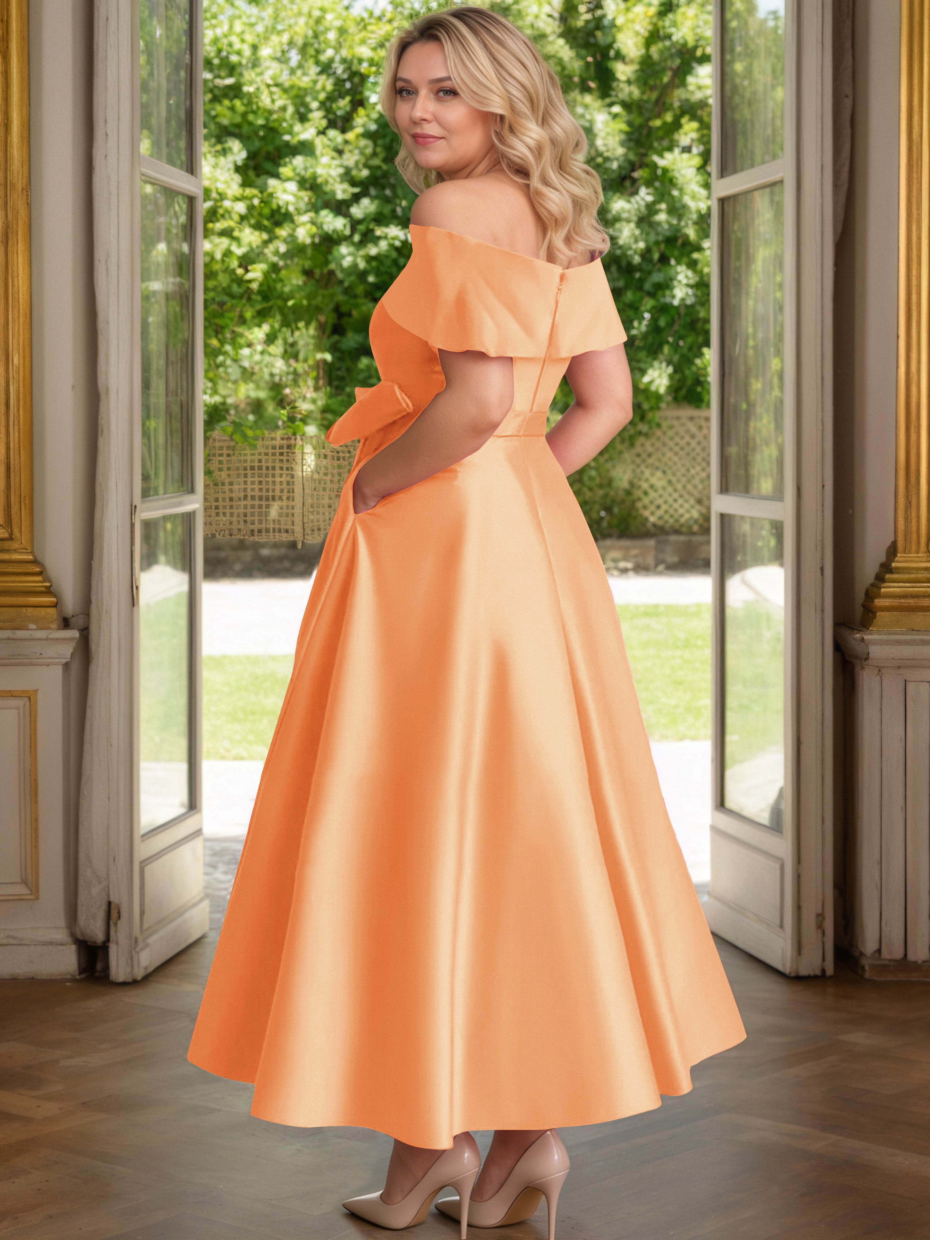 Cicinia Orange Mother Of The Bride Dress Satin Off The Shoulder Ankle Length with Bowknot A-Line Plus Size