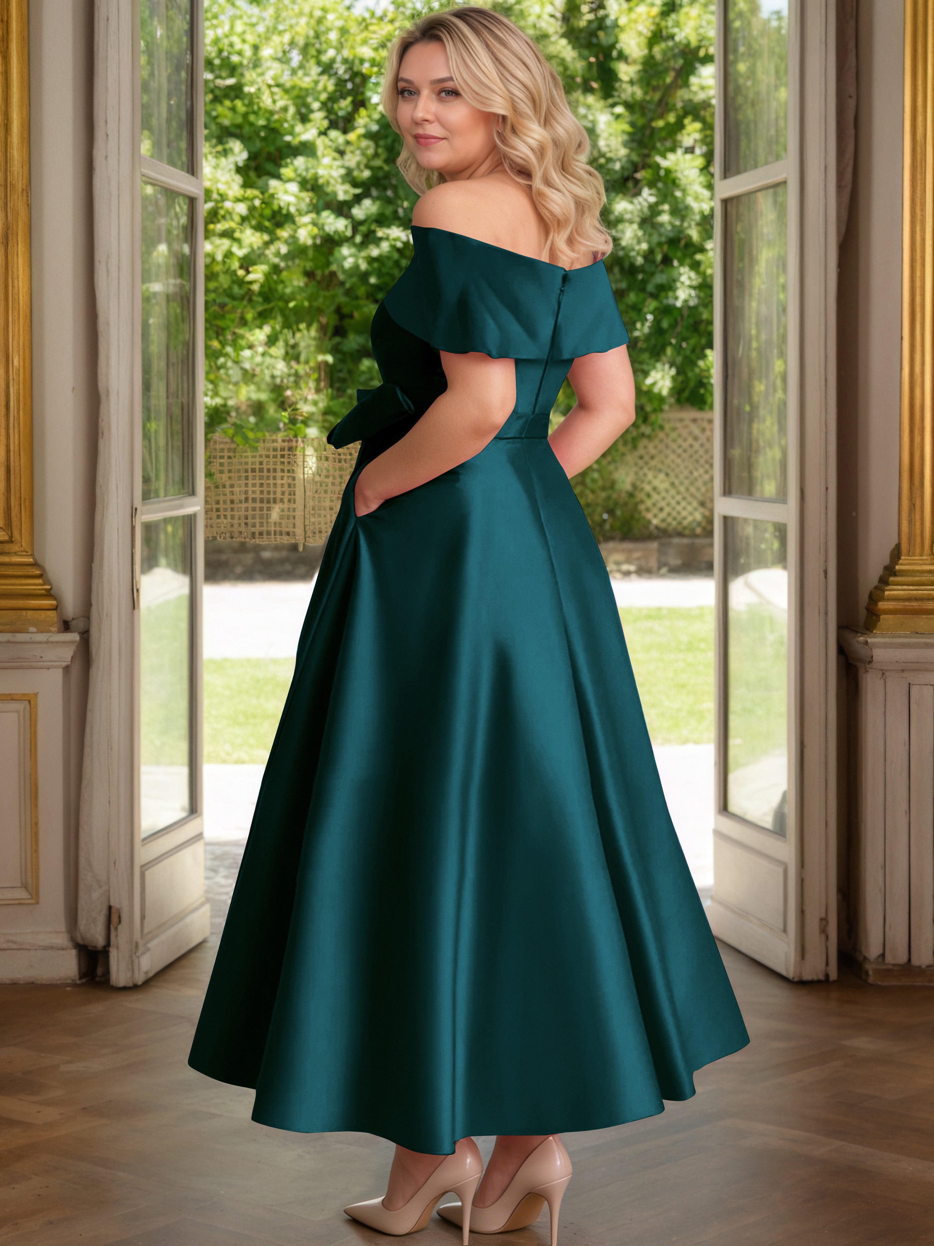 Cicinia Peacock Mother Of The Bride Dress Satin Off The Shoulder Ankle Length with Bowknot A-Line Plus Size