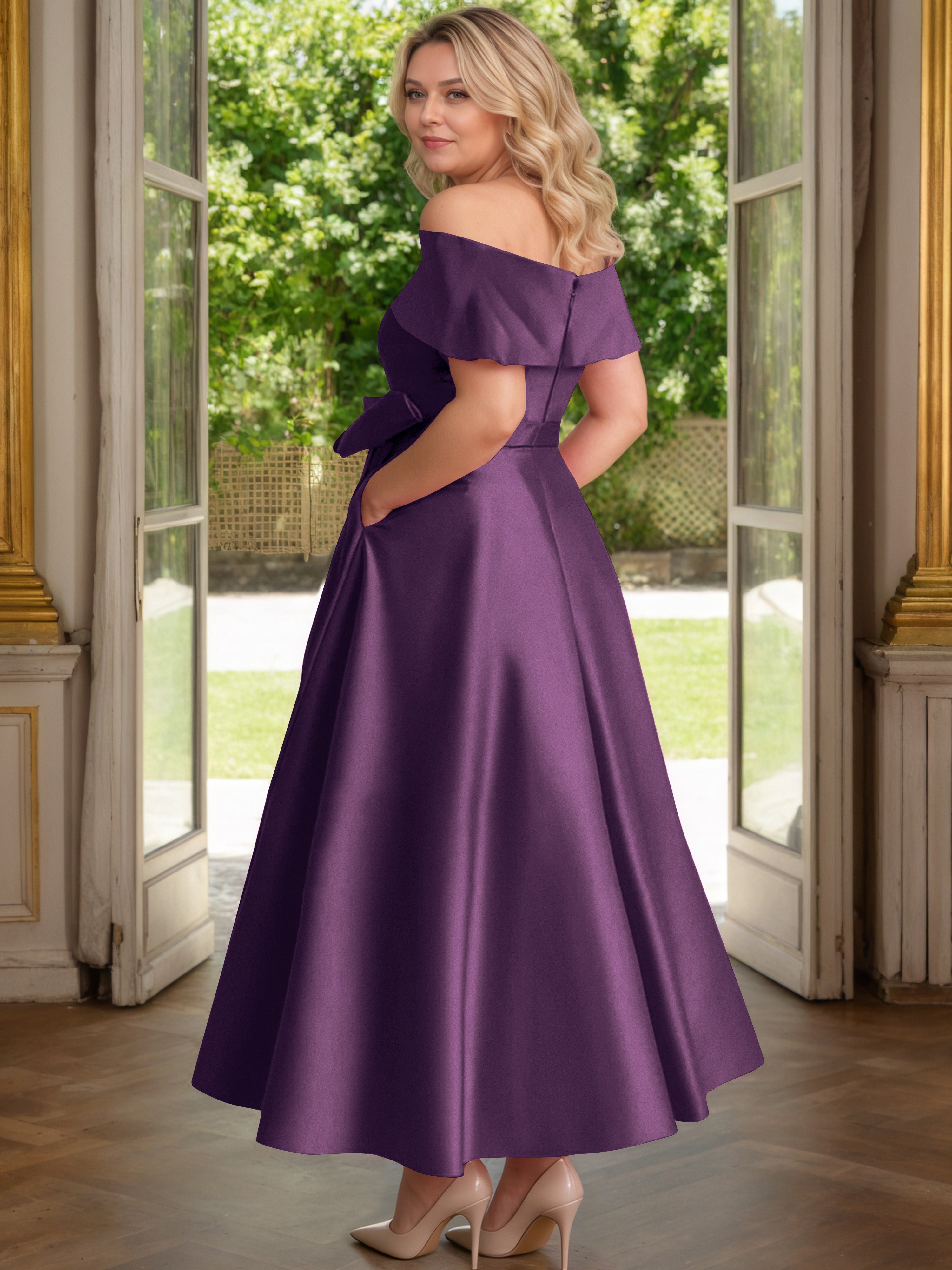 Cicinia Plum Mother Of The Bride Dress Satin Off The Shoulder Ankle Length with Bowknot A-Line Plus Size