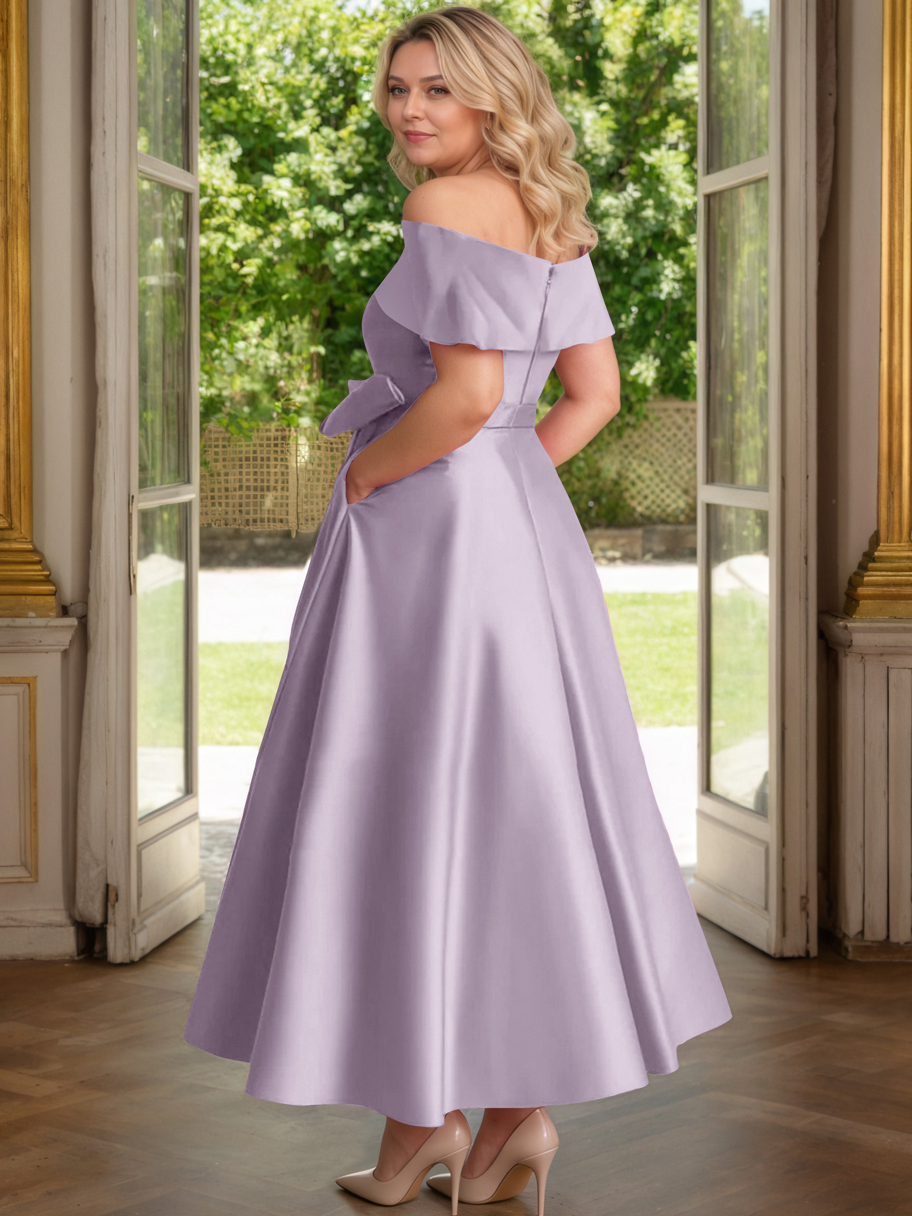 Cicinia Vintage Mauve Mother Of The Bride Dress Satin Off The Shoulder Ankle Length with Bowknot A-Line Plus Size