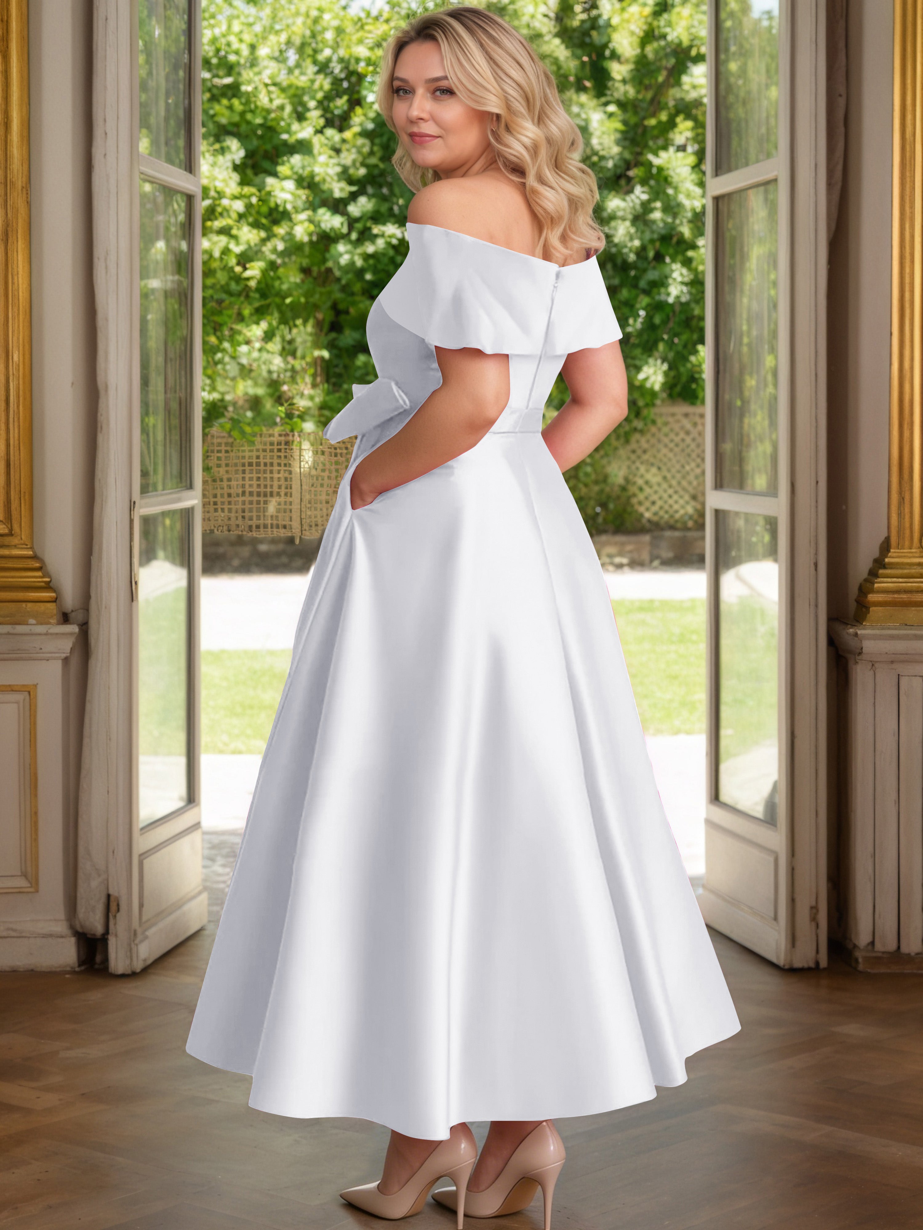 Cicinia White Mother Of The Bride Dress Satin Off The Shoulder Ankle Length with Bowknot A-Line Plus Size