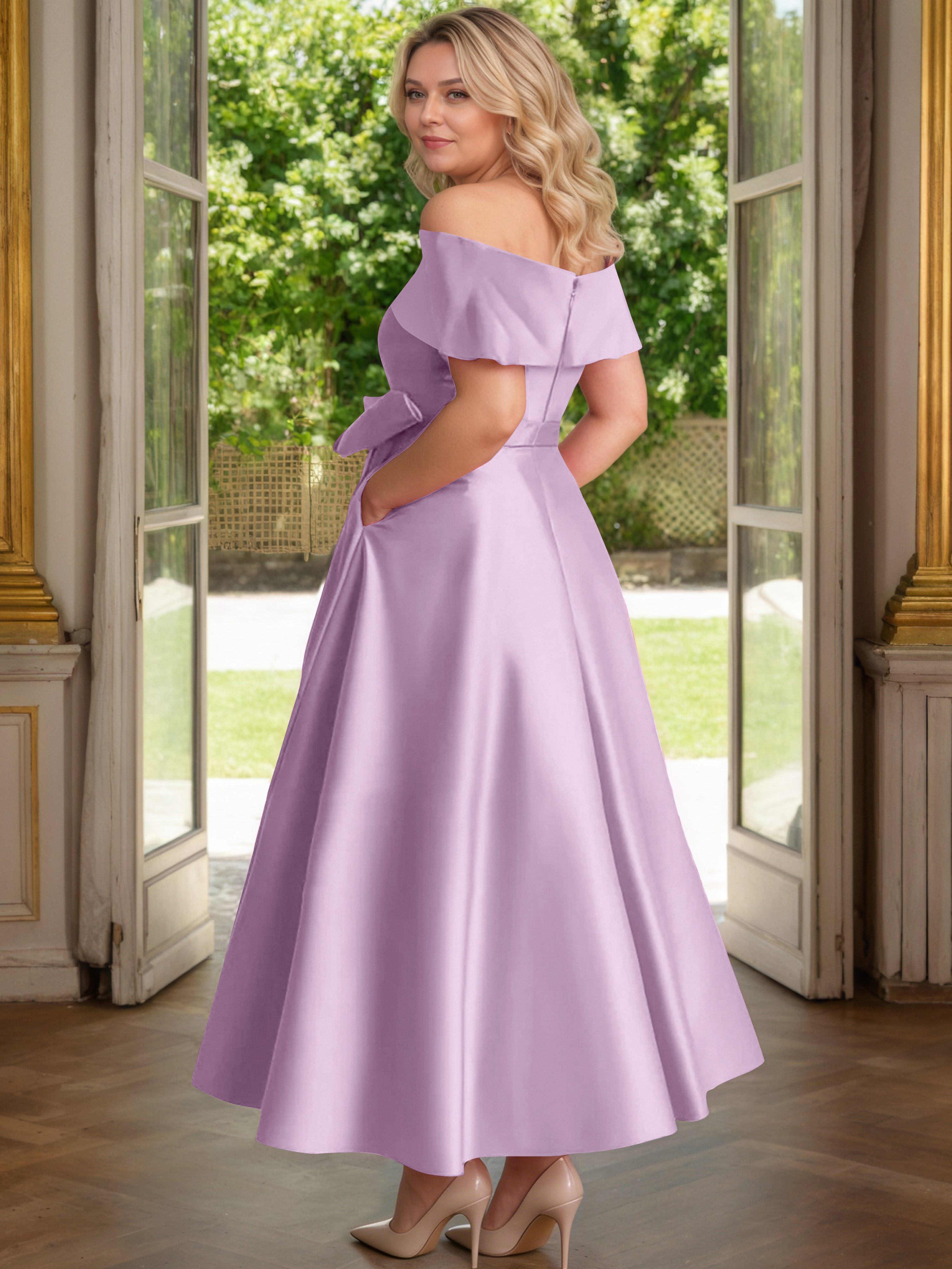 Cicinia Wisteria Mother Of The Bride Dress Satin Off The Shoulder Ankle Length with Bowknot A-Line Plus Size