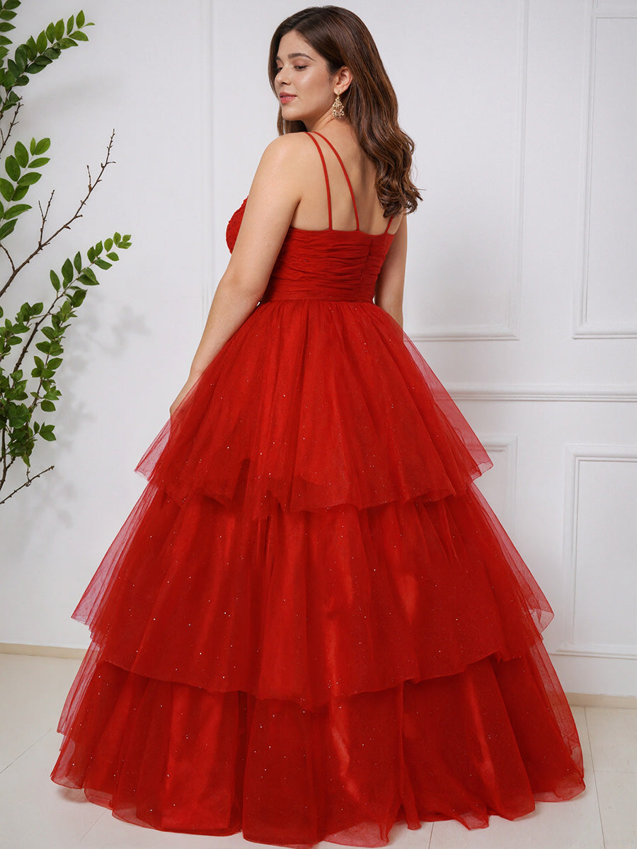Cicinia Red Layers Shiny Tulle Spaghetti Straps Plus Sizes Princess Prom Dresses