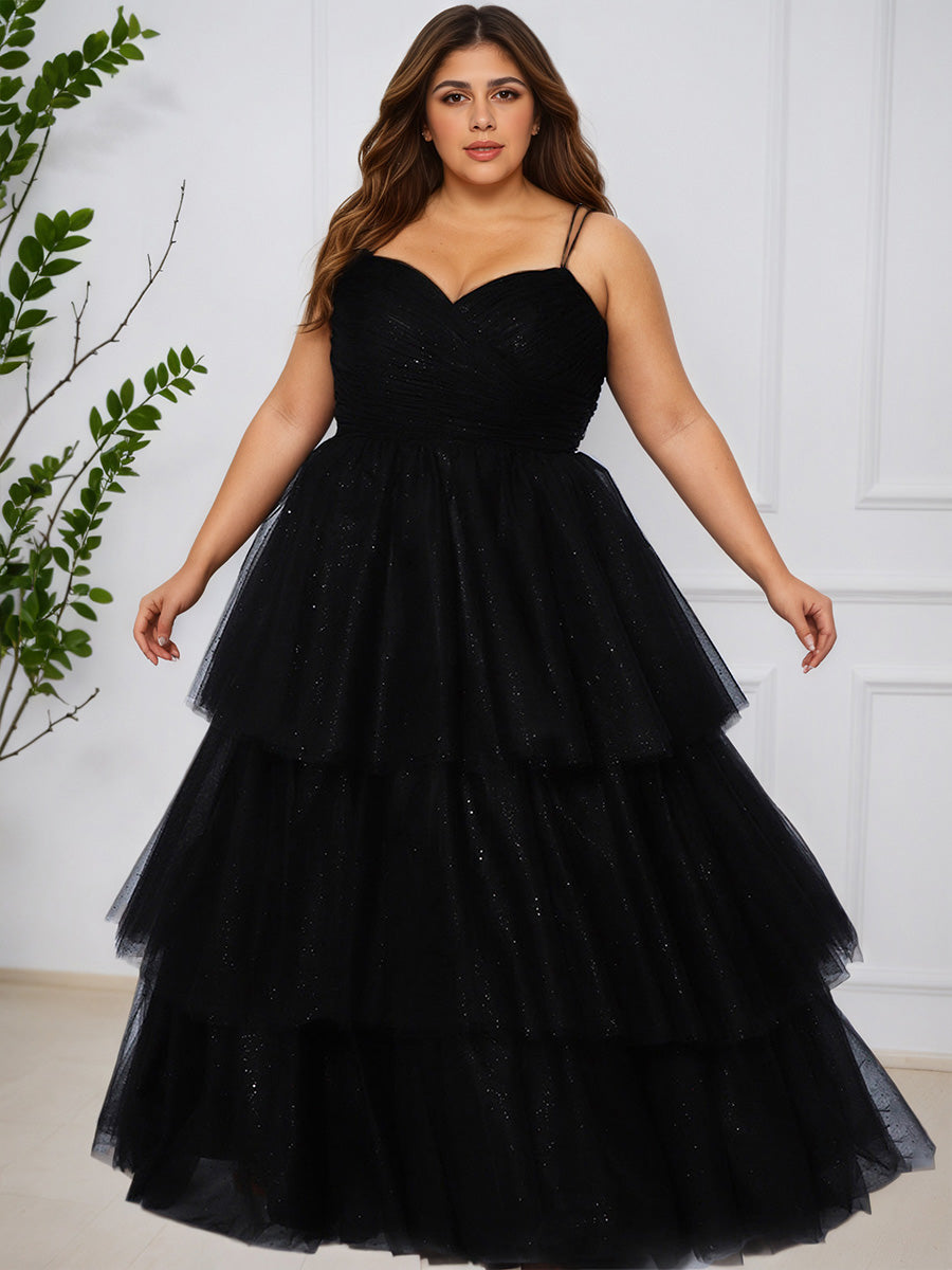 Cicinia Grape Layers Shiny Tulle Spaghetti Straps Plus Sizes Princess Prom Dresses