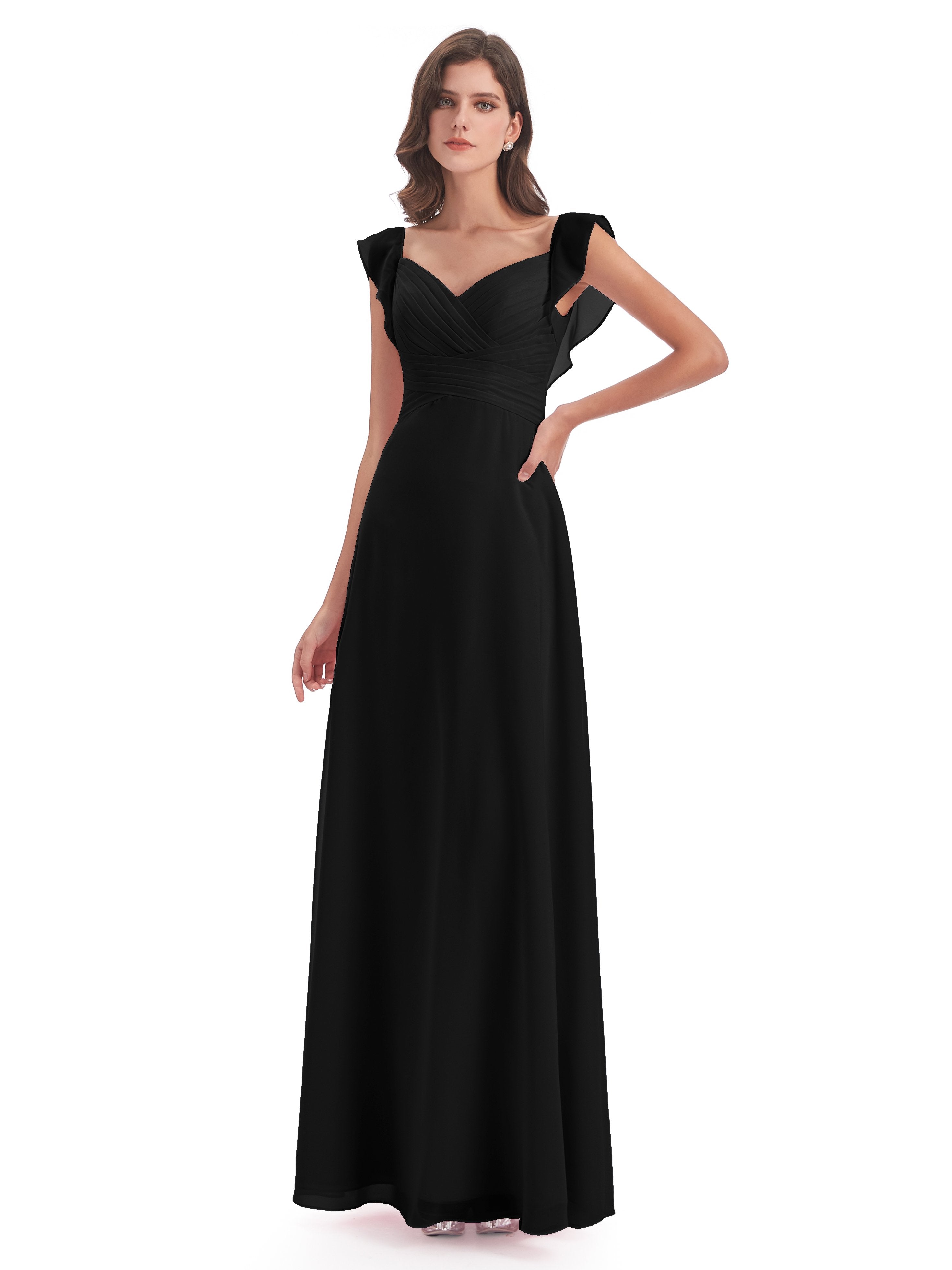 Black Bridesmaids Dresses Modern Sheath V Neck Long Chiffon Bridesmaid