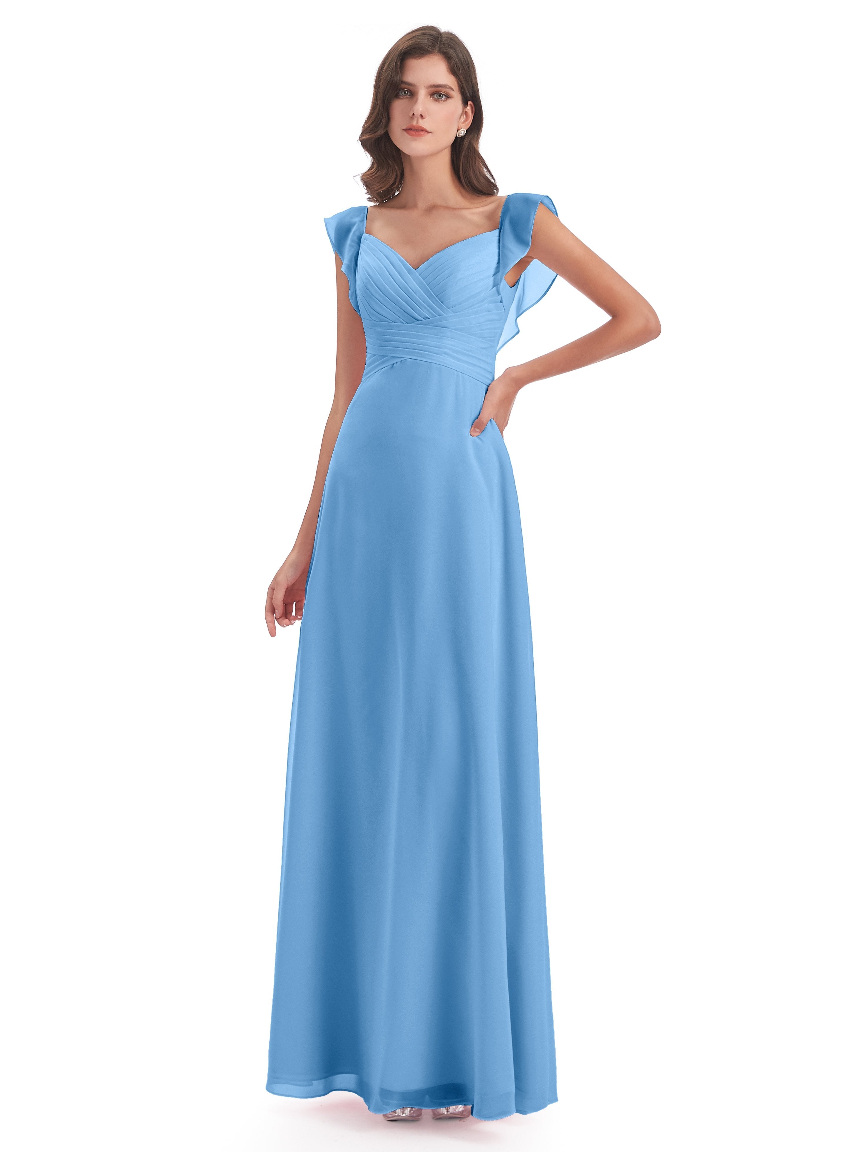 Bridesmaid Dress Blue Modern Sheath V Neck Long Chiffon Bridesmaid Dre