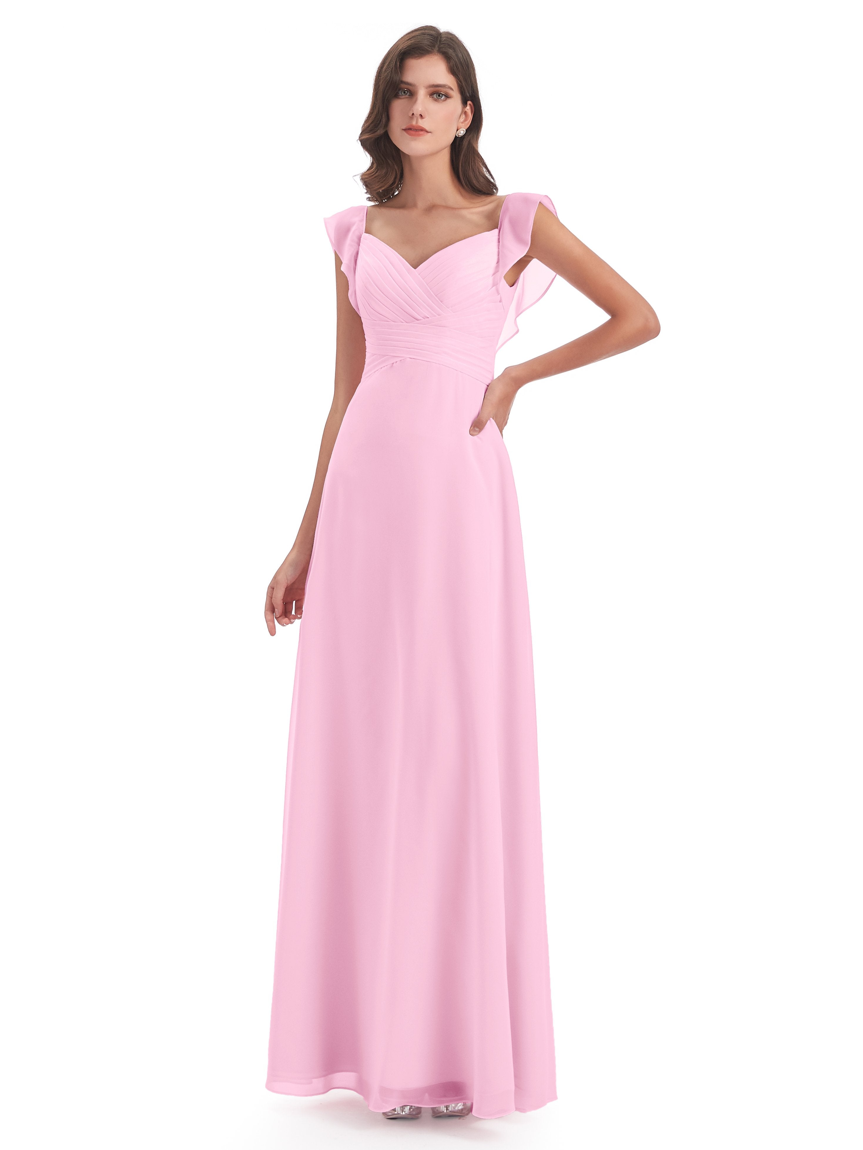 Cotton Candy Pink Bridesmaid Dresses Modern Sheath V Neck Long Chiffon