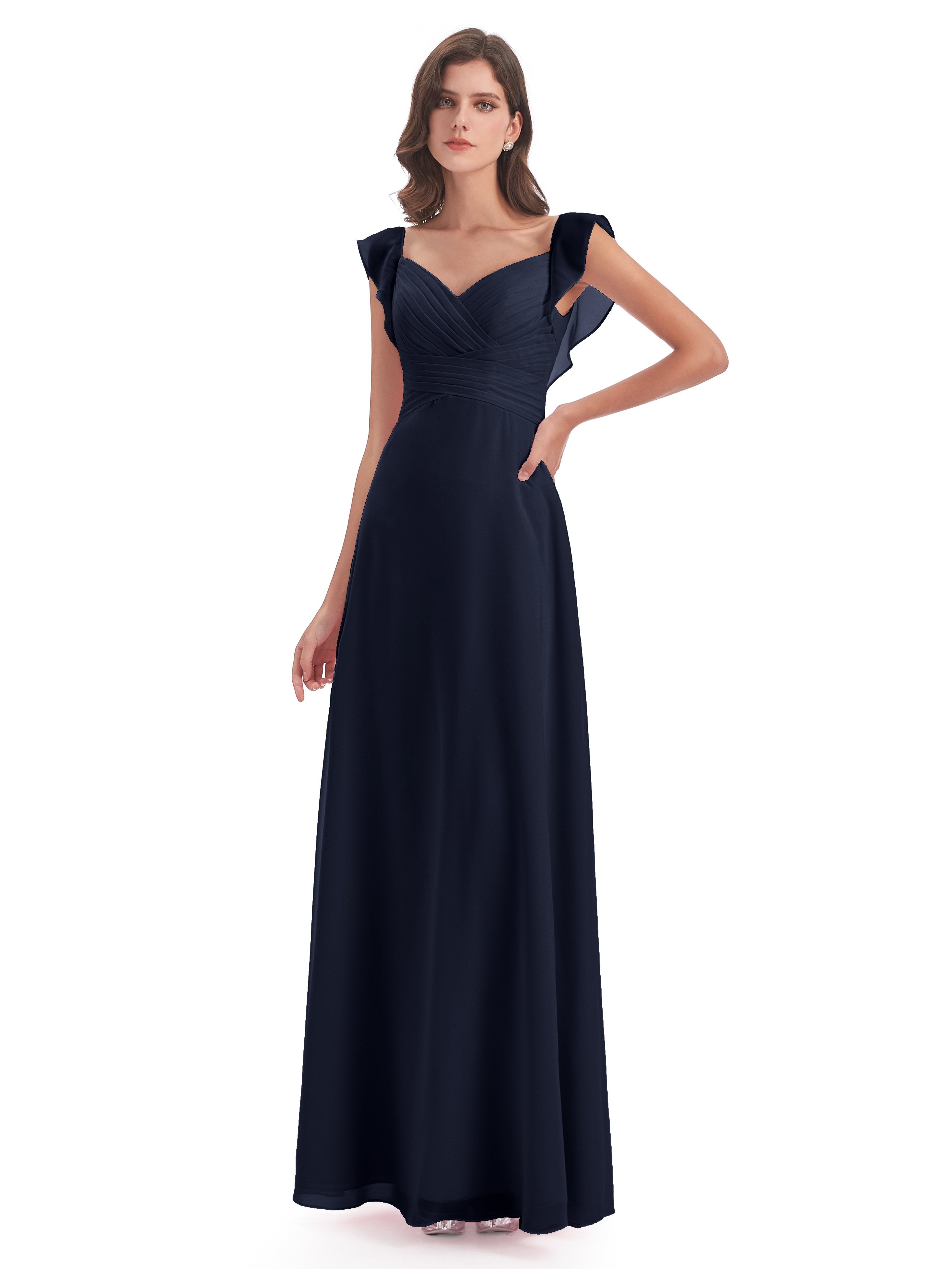 Dark Navy Blue Bridesmaid Dress Modern Sheath V Neck Long Chiffon Brid