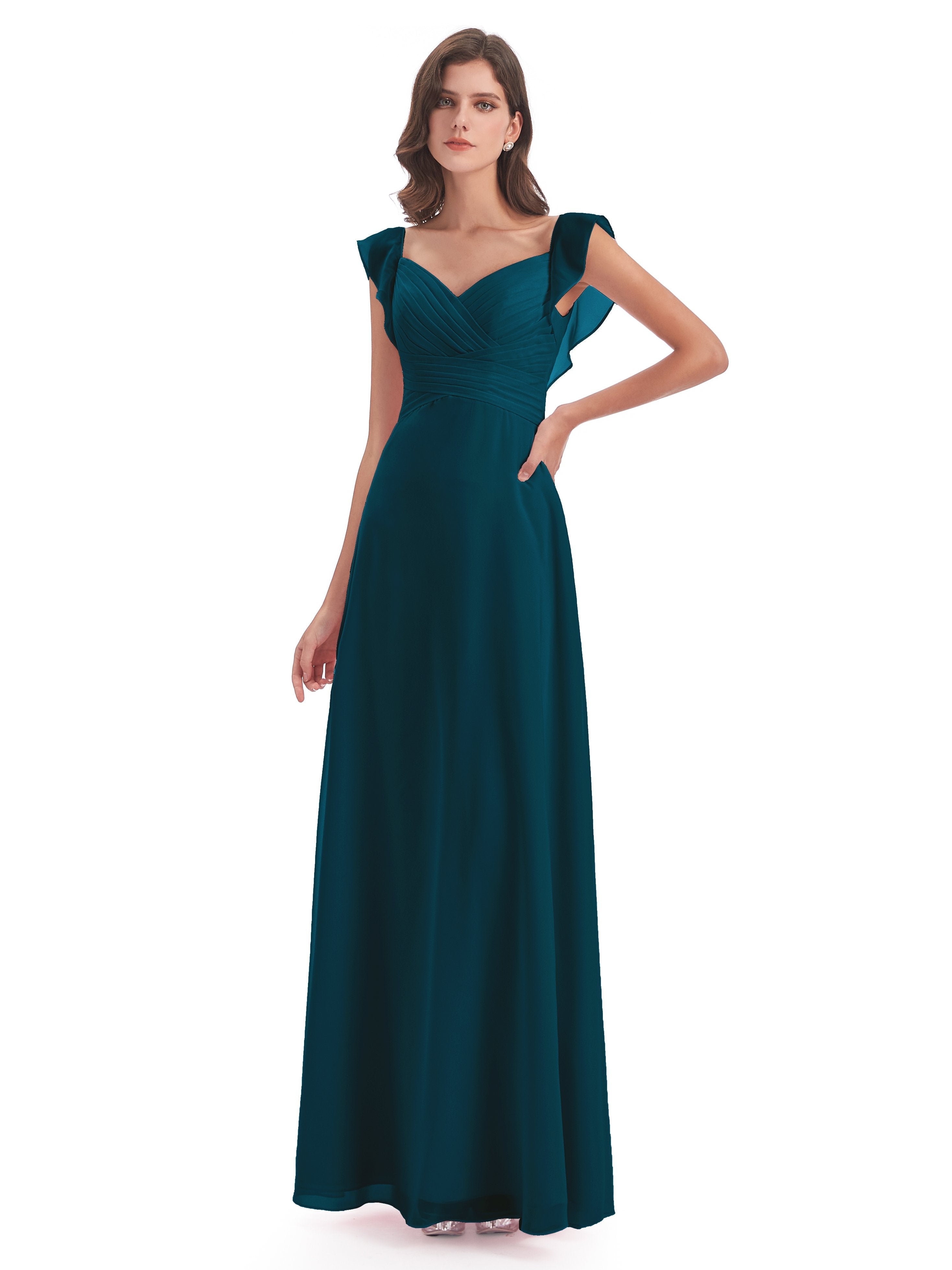 Ink Blue Bridesmaid Dresses Modern Sheath V Neck Long Chiffon Bridesma