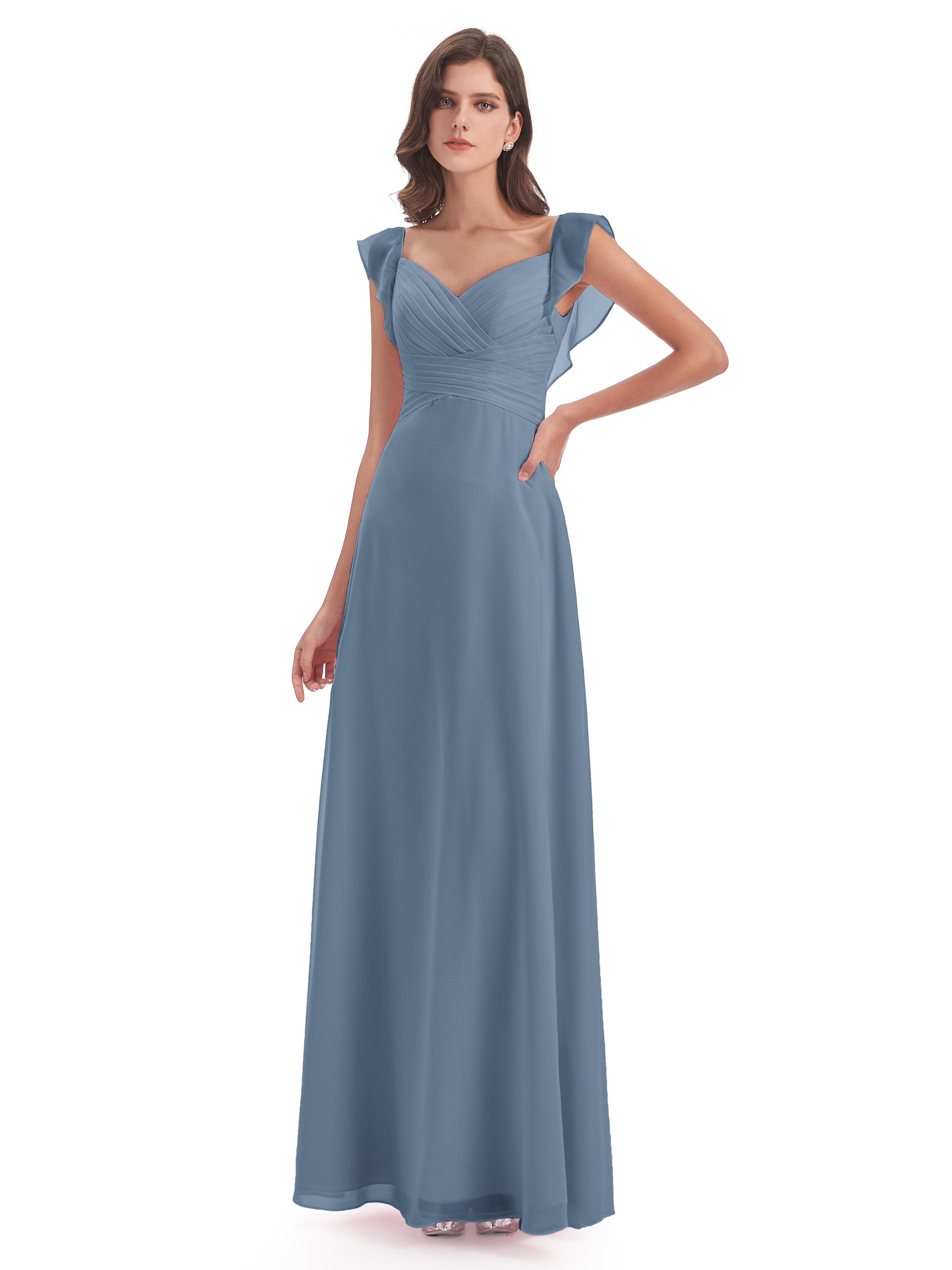 Slate Blue Bridesmaid Modern Sheath V Neck Long Chiffon Bridesmaid Dre
