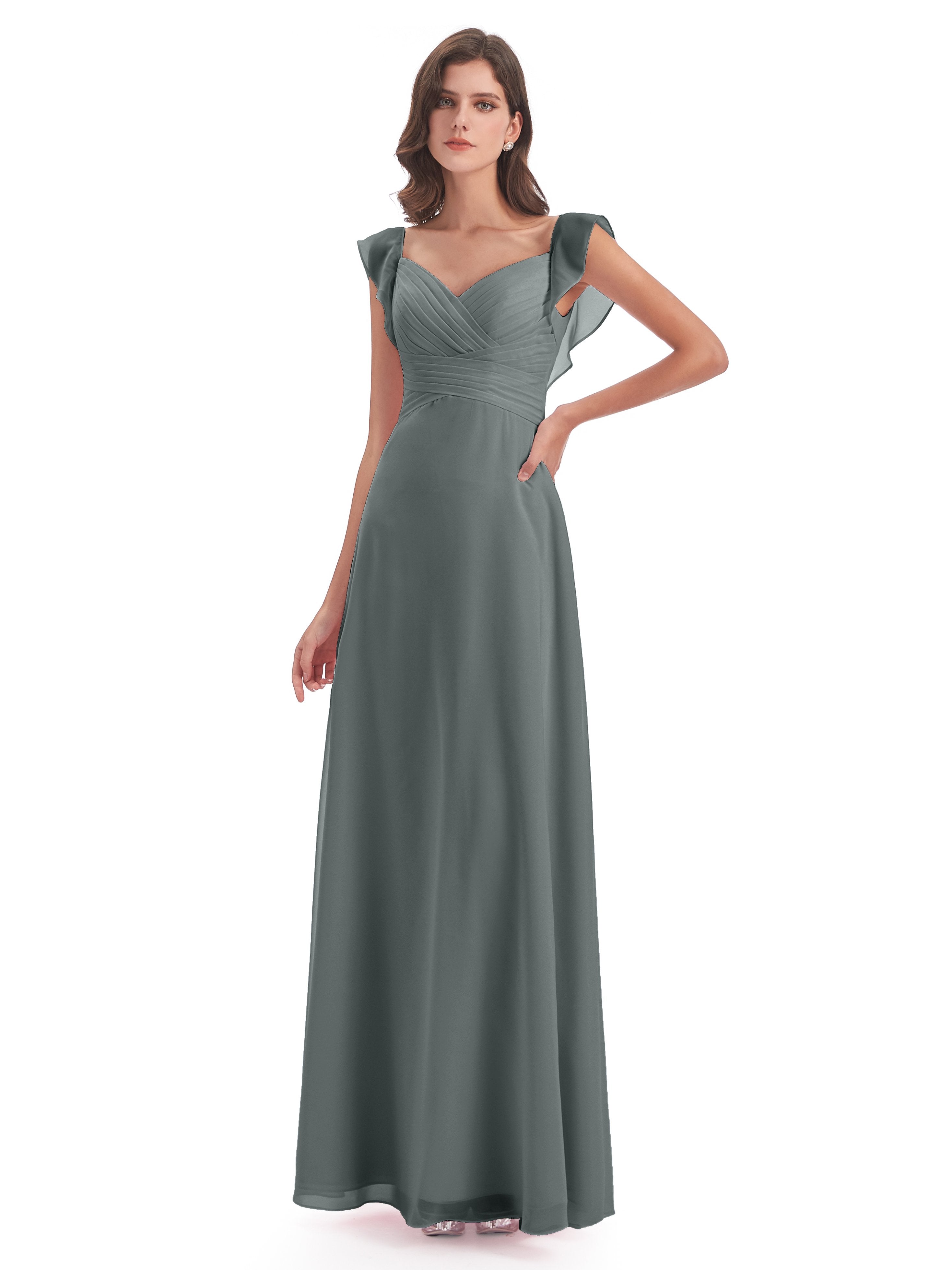 Steel Grey Bridesmaid Dresses Modern Sheath V Neck Long Chiffon Brides
