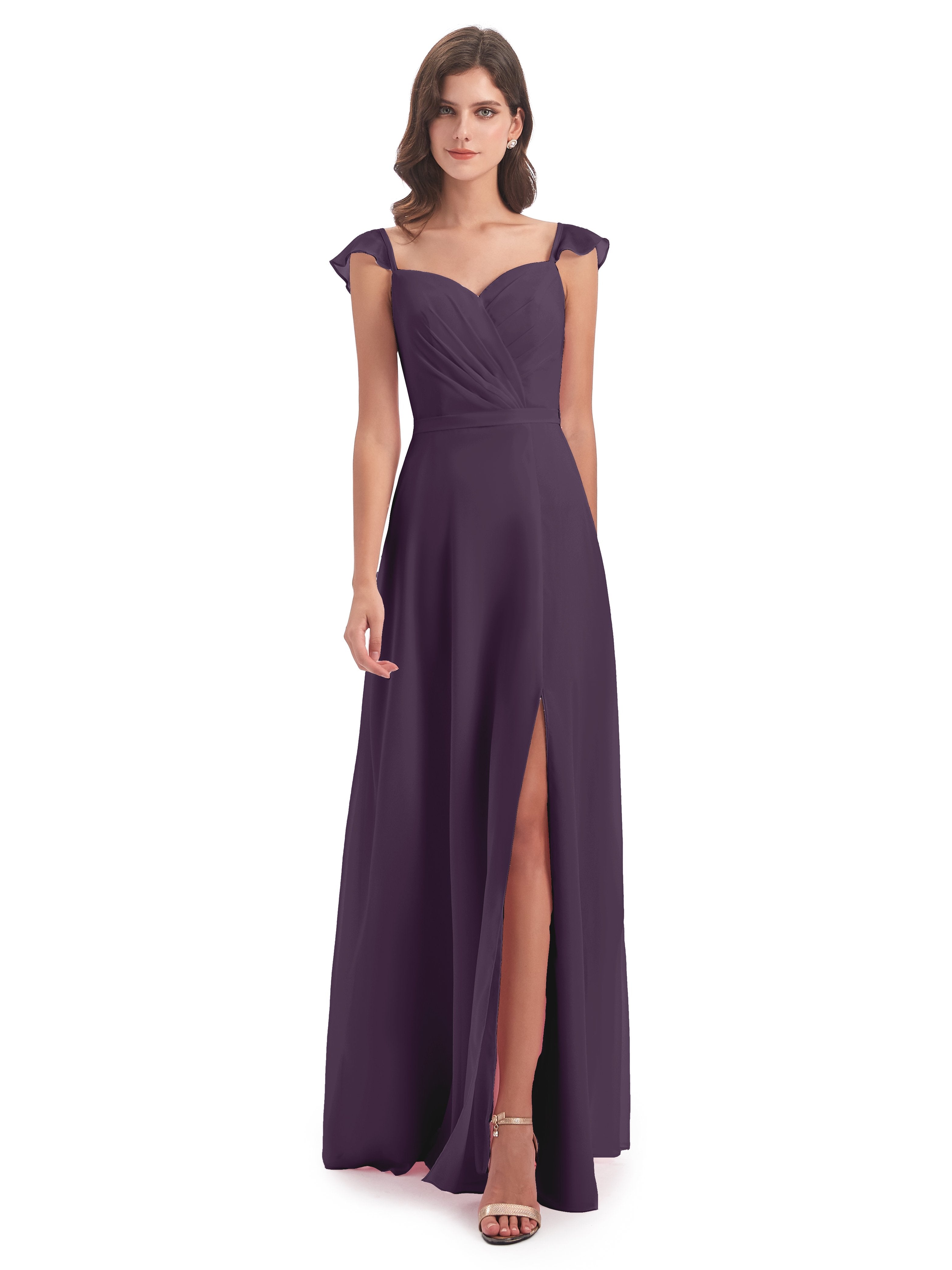 Plum Bridesmaid Dresses With Sleeves Chiffon Sheath Cap Sleeves Long B