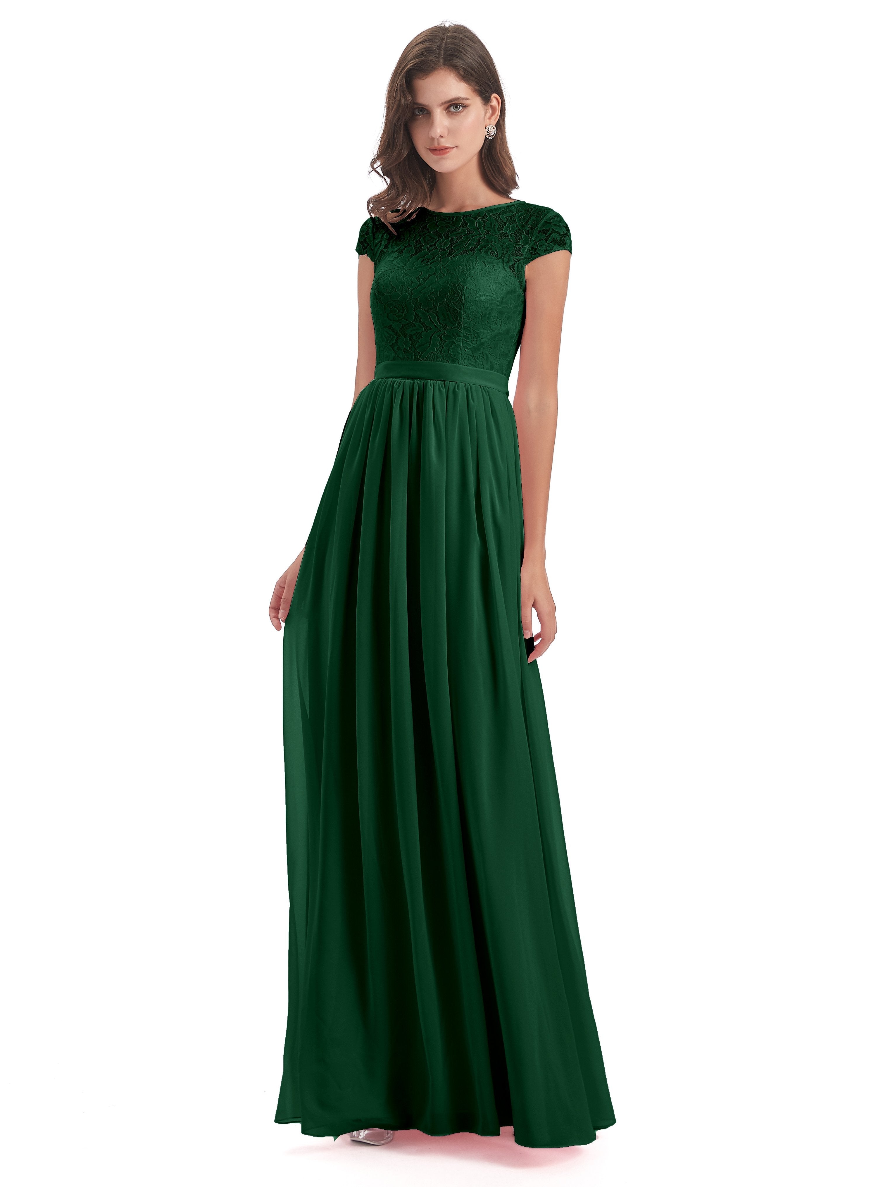 Bridesmaid Dark Green Dress Darcy Modest Cap Sleeves Illusion Long Chi