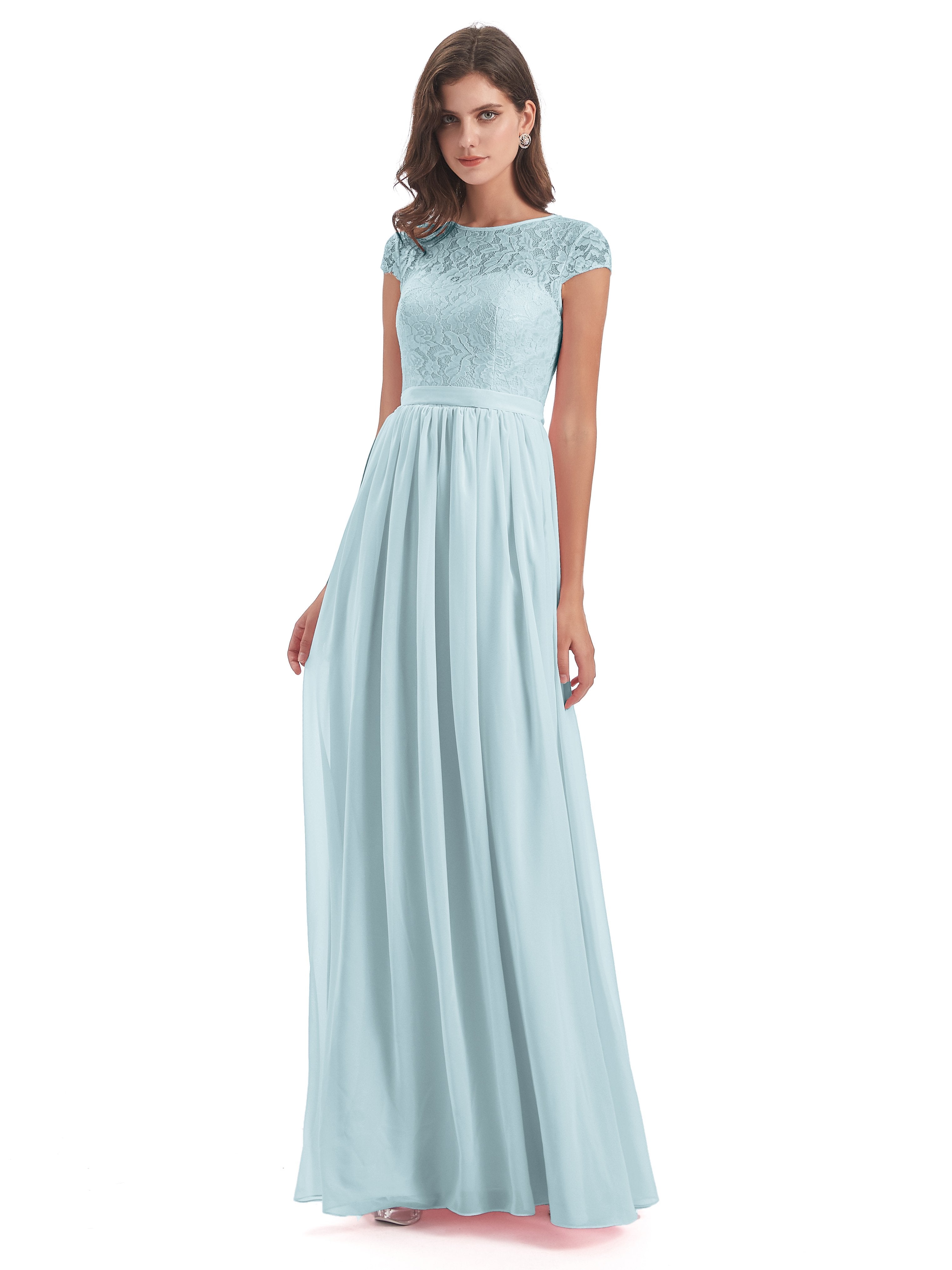 Mist Bridesmaid Dress Darcy Modest Cap Sleeves Illusion Long Chiffon B