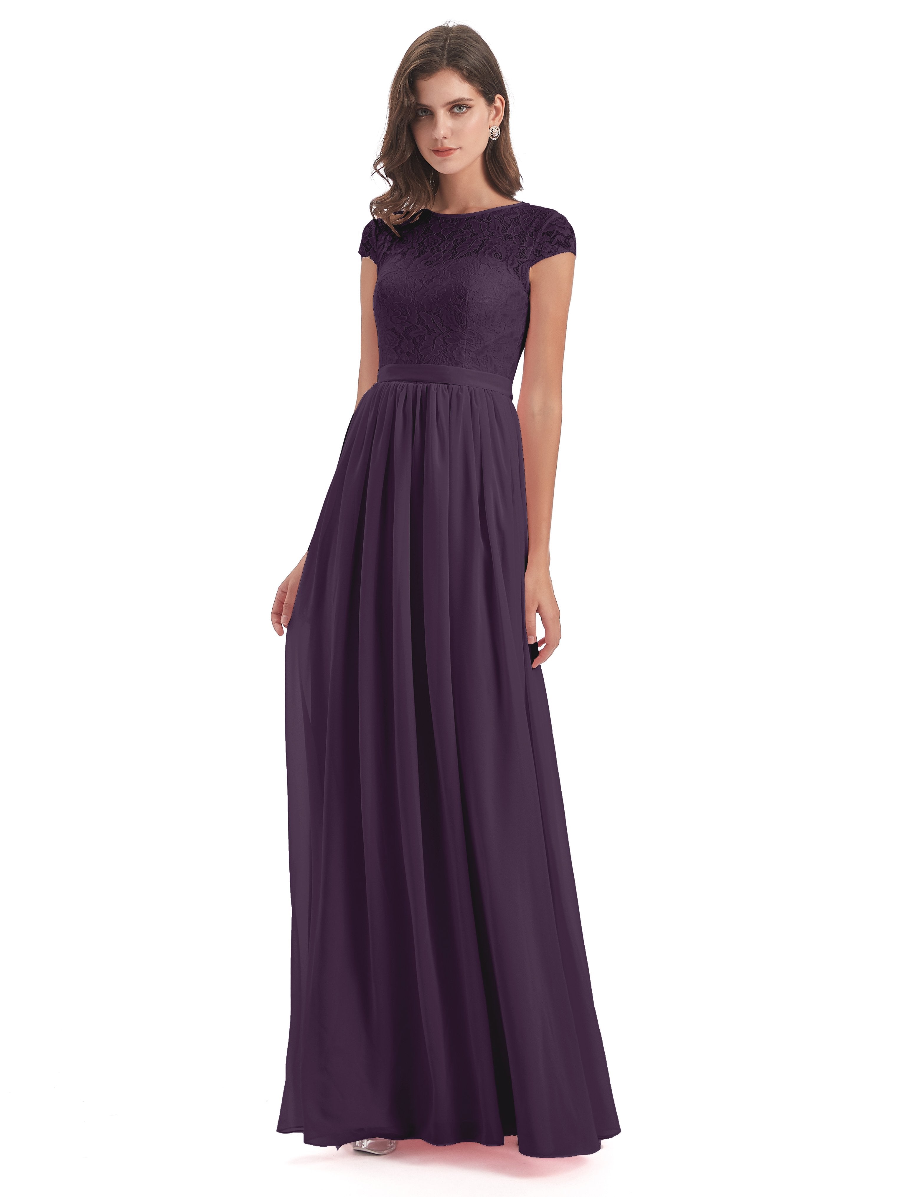 Plum Bridesmaids Darcy Modest Cap Sleeves Illusion Long Chiffon Brides