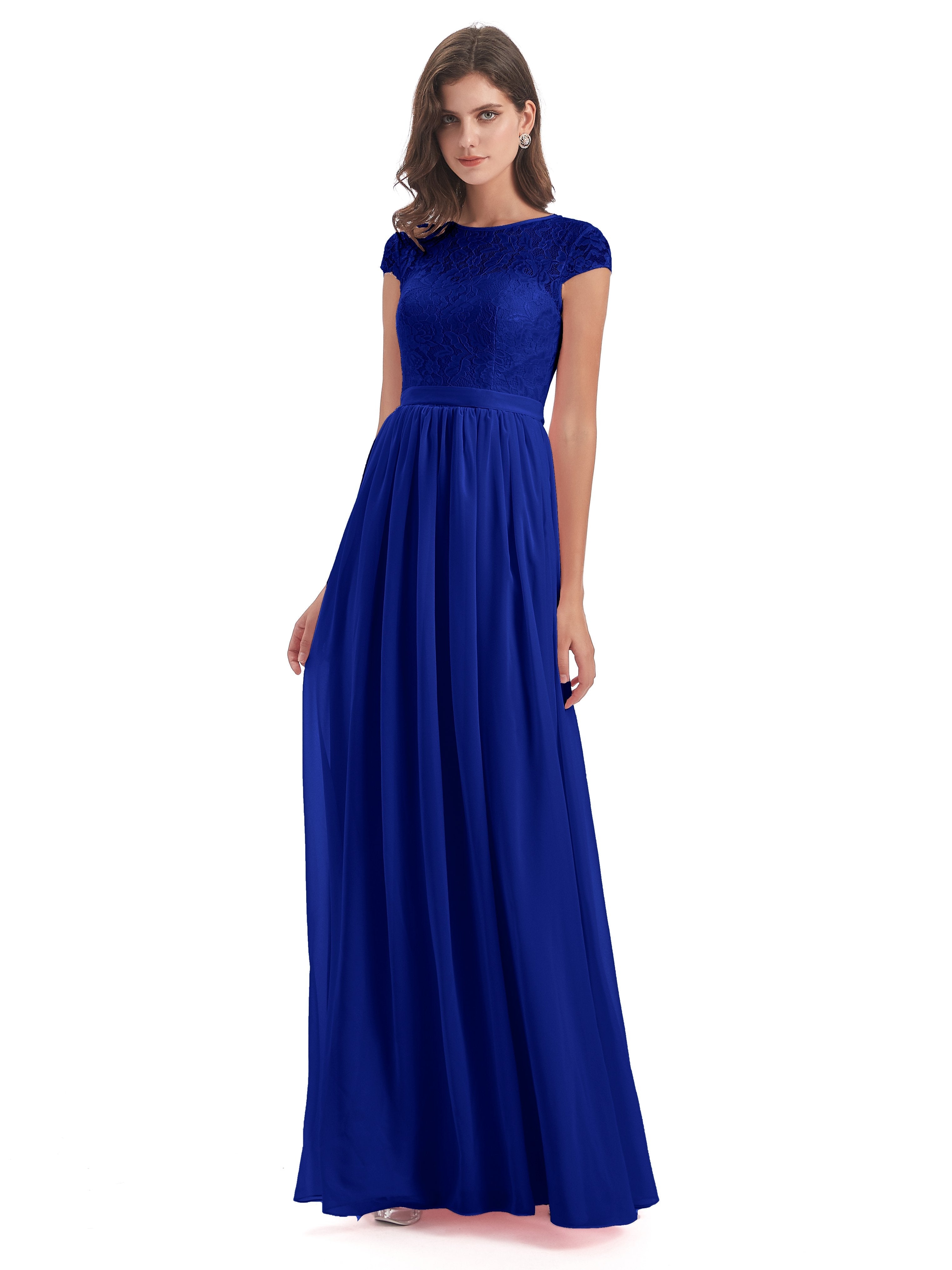 Royal Blue Dress Bridesmaid Darcy Modest Cap Sleeves Illusion Long Chi