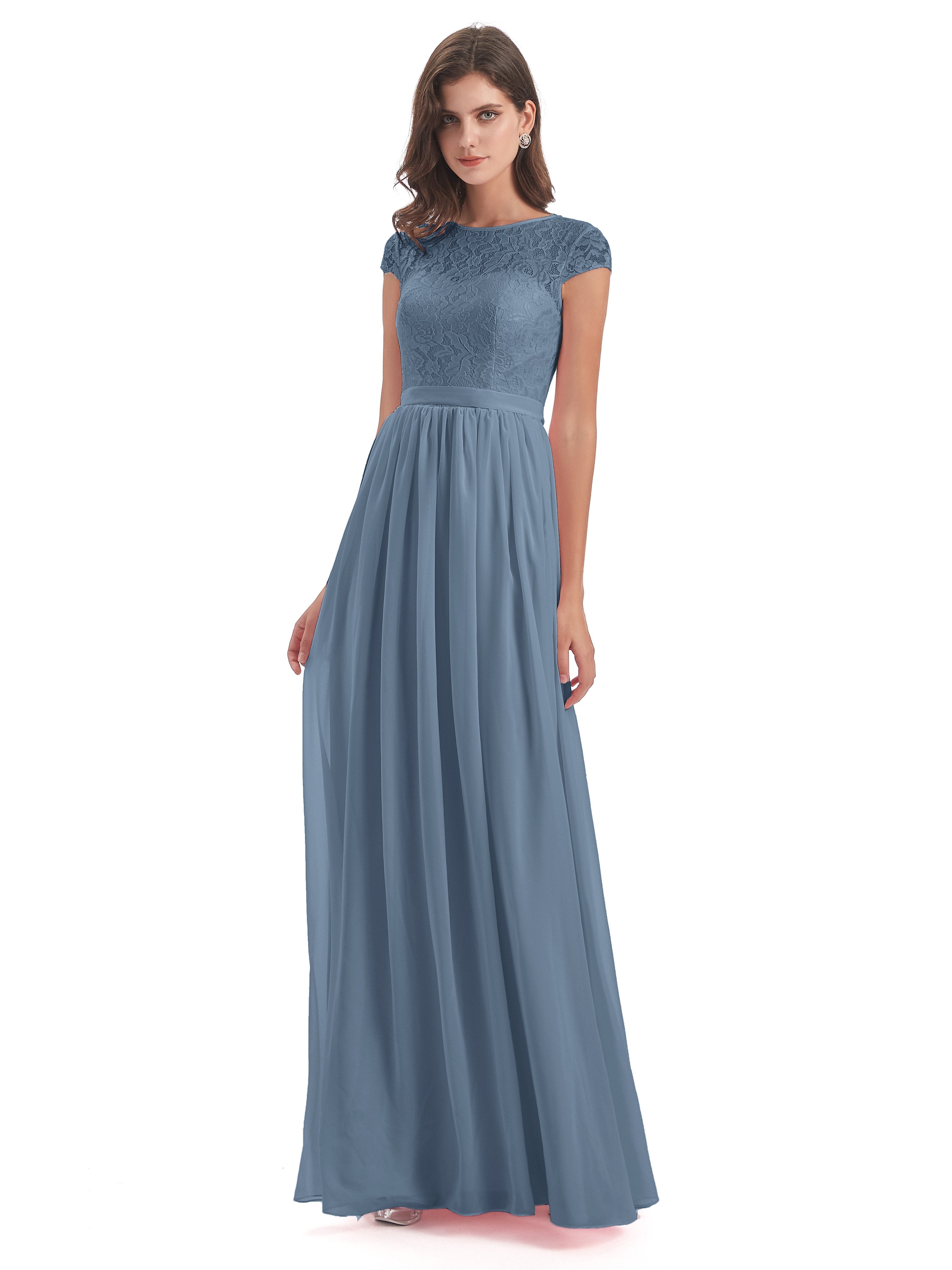 Bridesmaids Dress Slate Blue Darcy Modest Cap Sleeves Illusion Long Ch