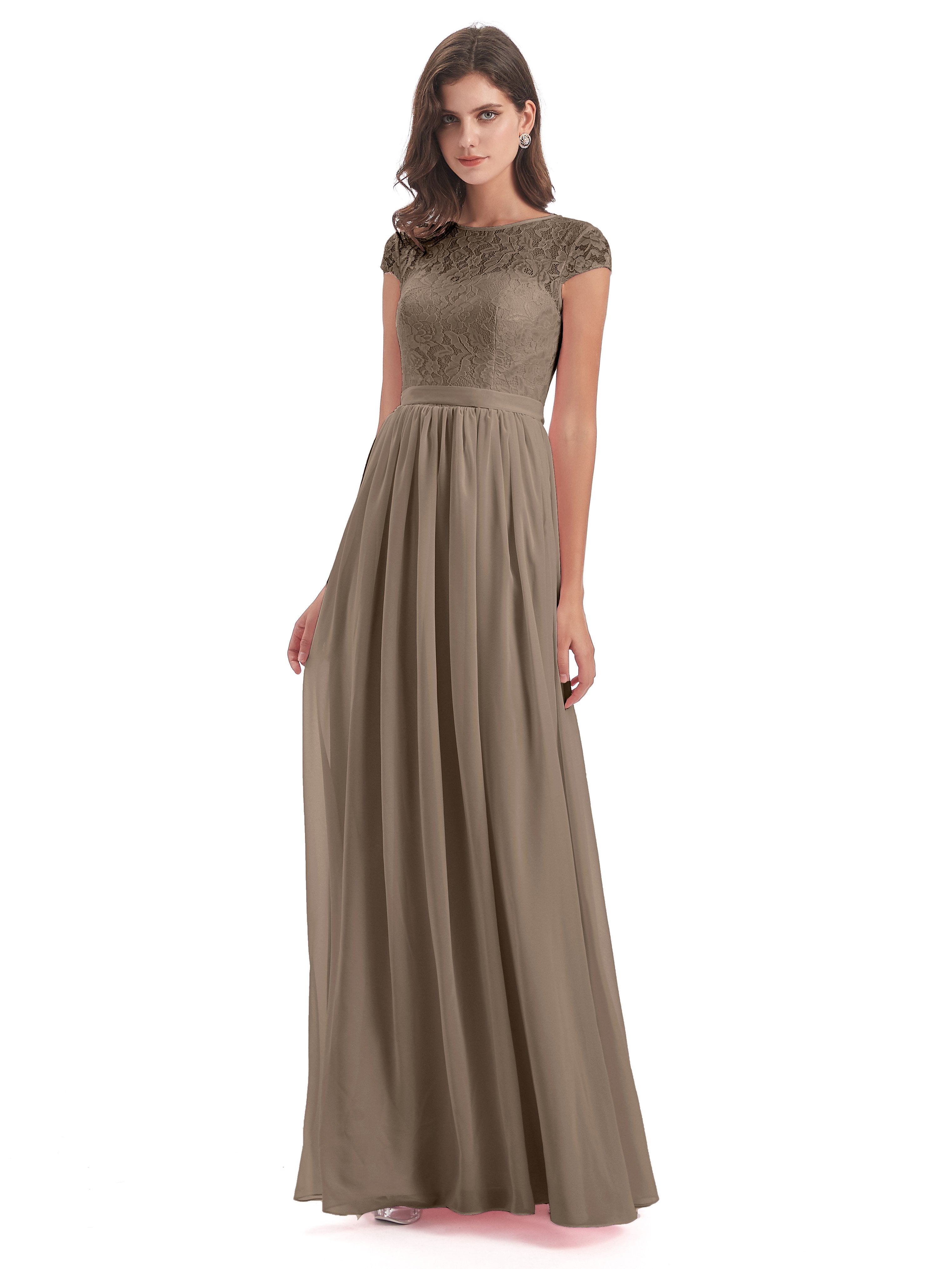 Taupe Bridesmaids Dress Darcy Modest Cap Sleeves Illusion Long Chiffon Taupe Bridesmaids Dress Darcy Modest Cap Sleeves Illusion Long Chiffon
