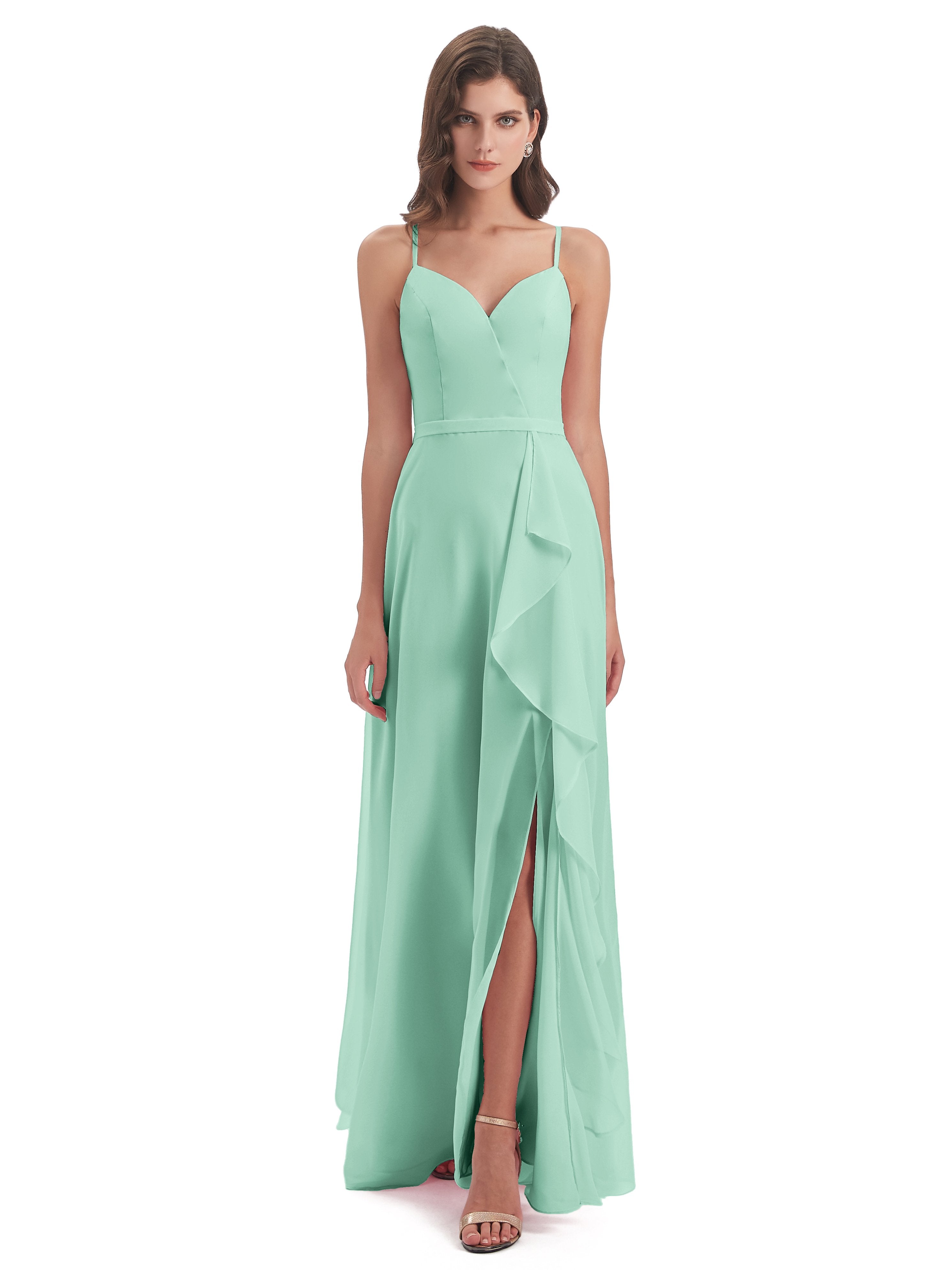 Chiffon Mint Green Bridesmaid Dresses Chiffon Spaghetti Straps Long Br