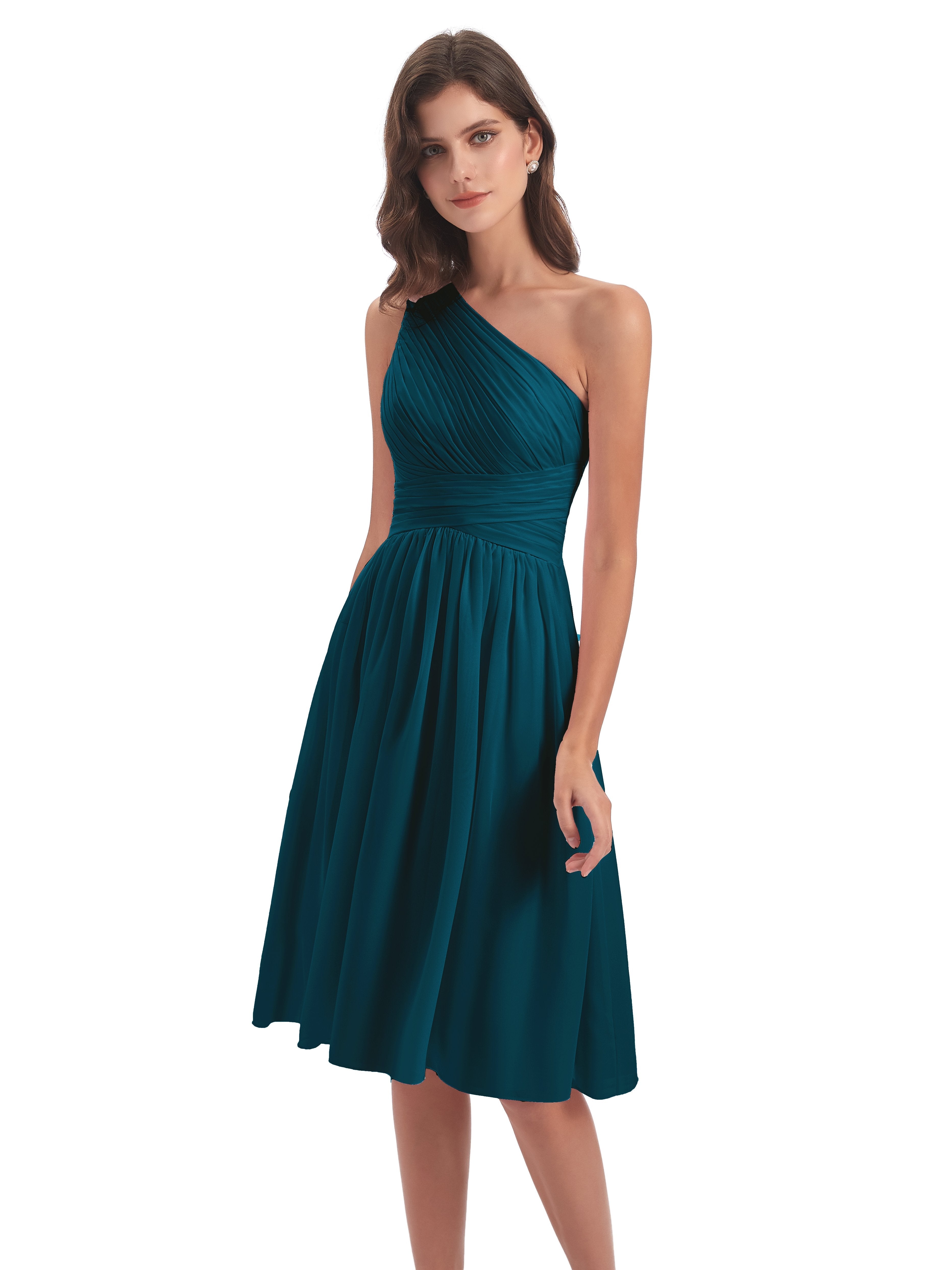 Ink Blue Bridesmaid Dresses Simple Chiffon One Shoulder Short Bridesma