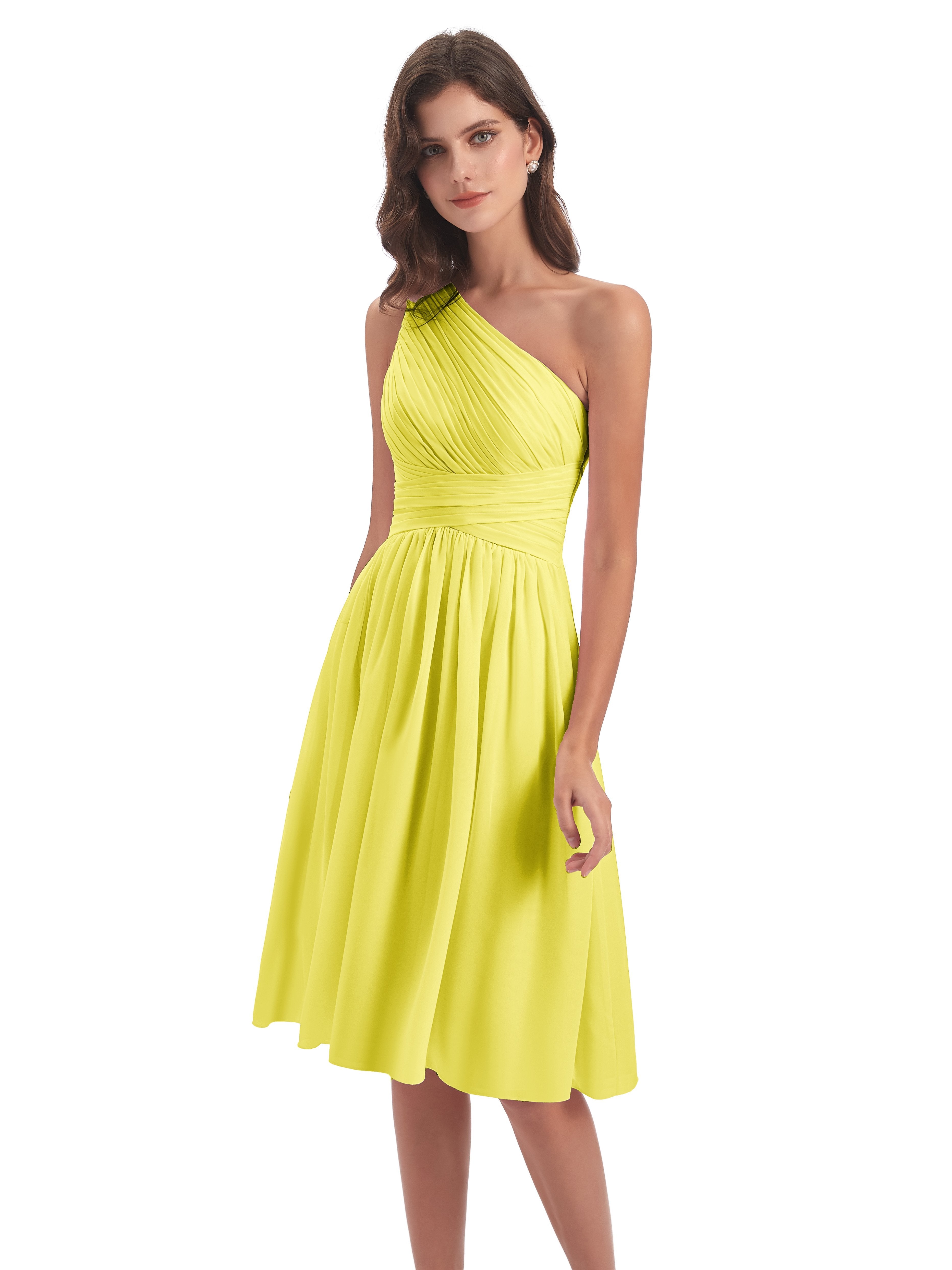 Lemon Coloured Bridesmaid Dresses Simple Chiffon One Shoulder Short Br