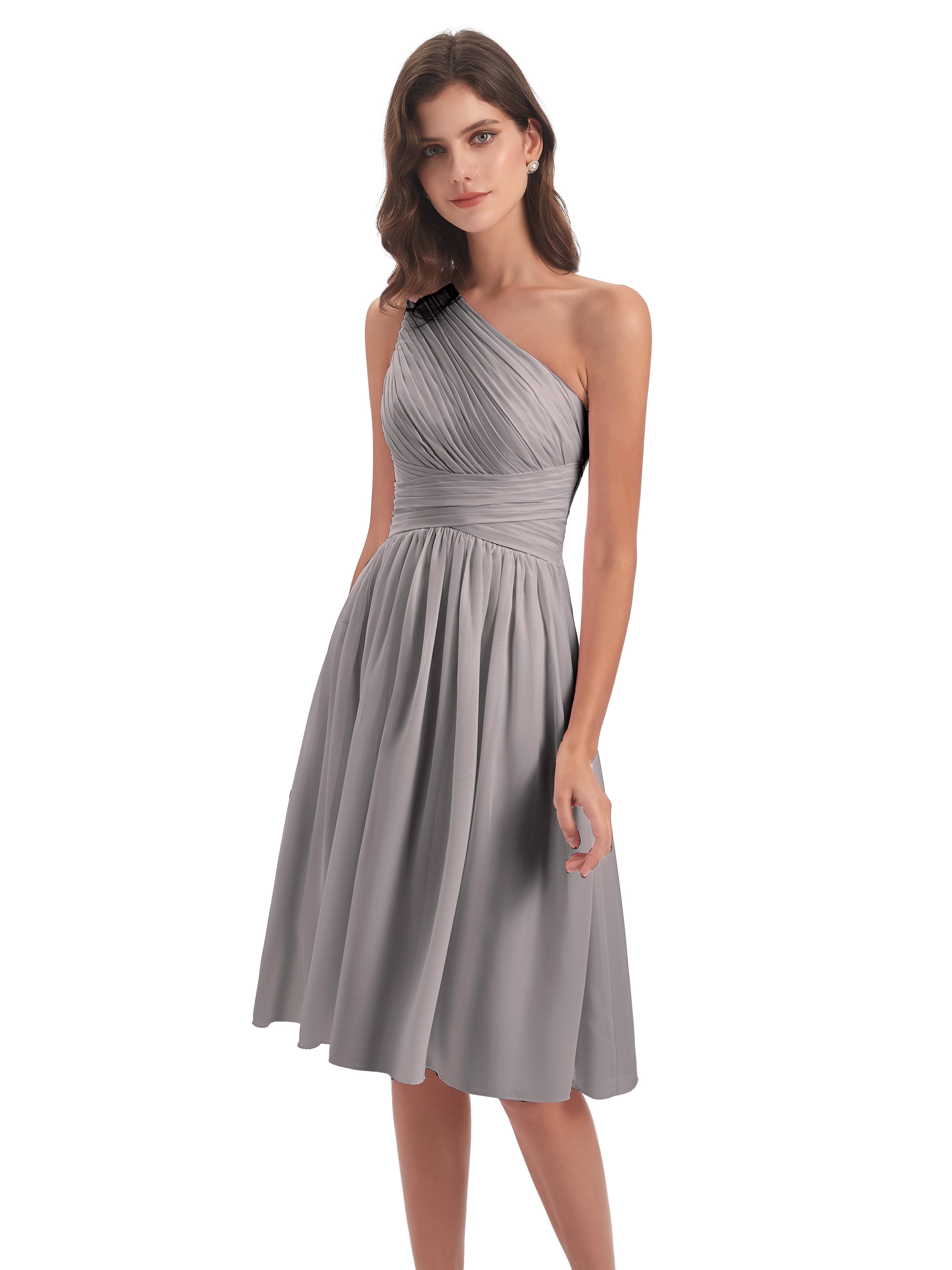 Short Silver Bridesmaid Dresses Simple Chiffon One Shoulder Short Brid