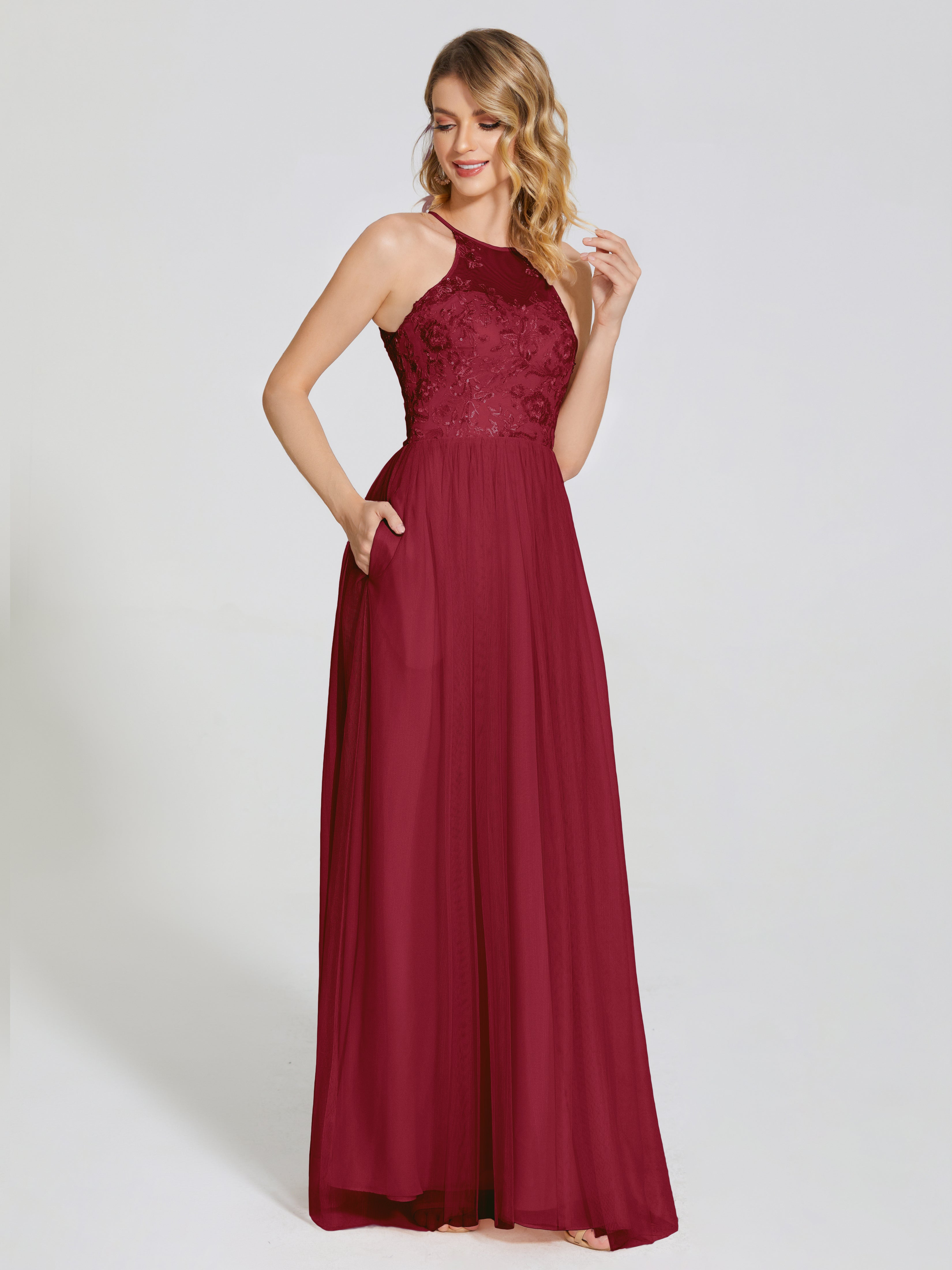 Burgundy Bridesmaids Dress Destiny Halter Embroidered Tulle Bridesmaid