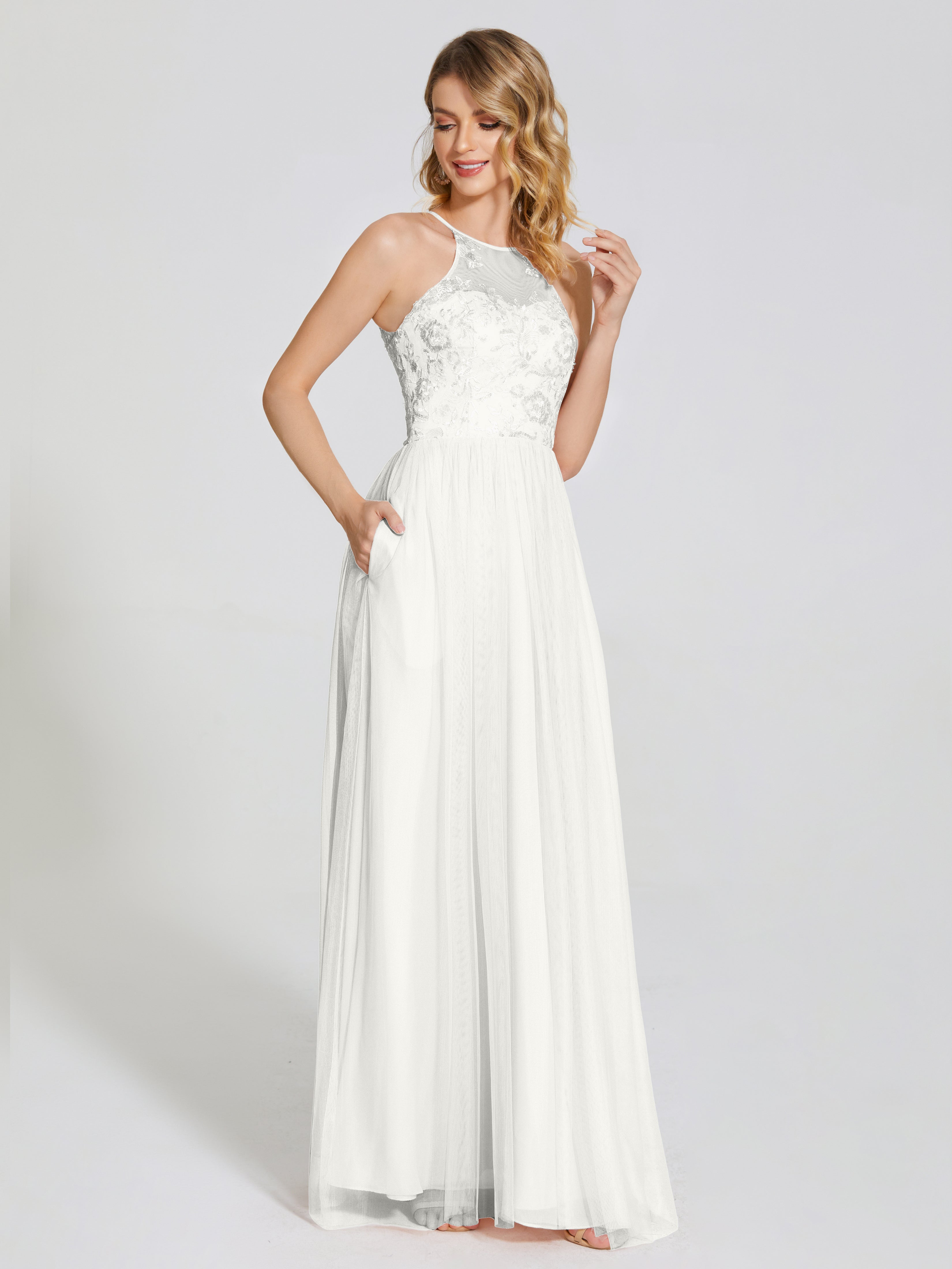 Junior Bridesmaid Dress Ivory Destiny Halter Embroidered Tulle Bridesm