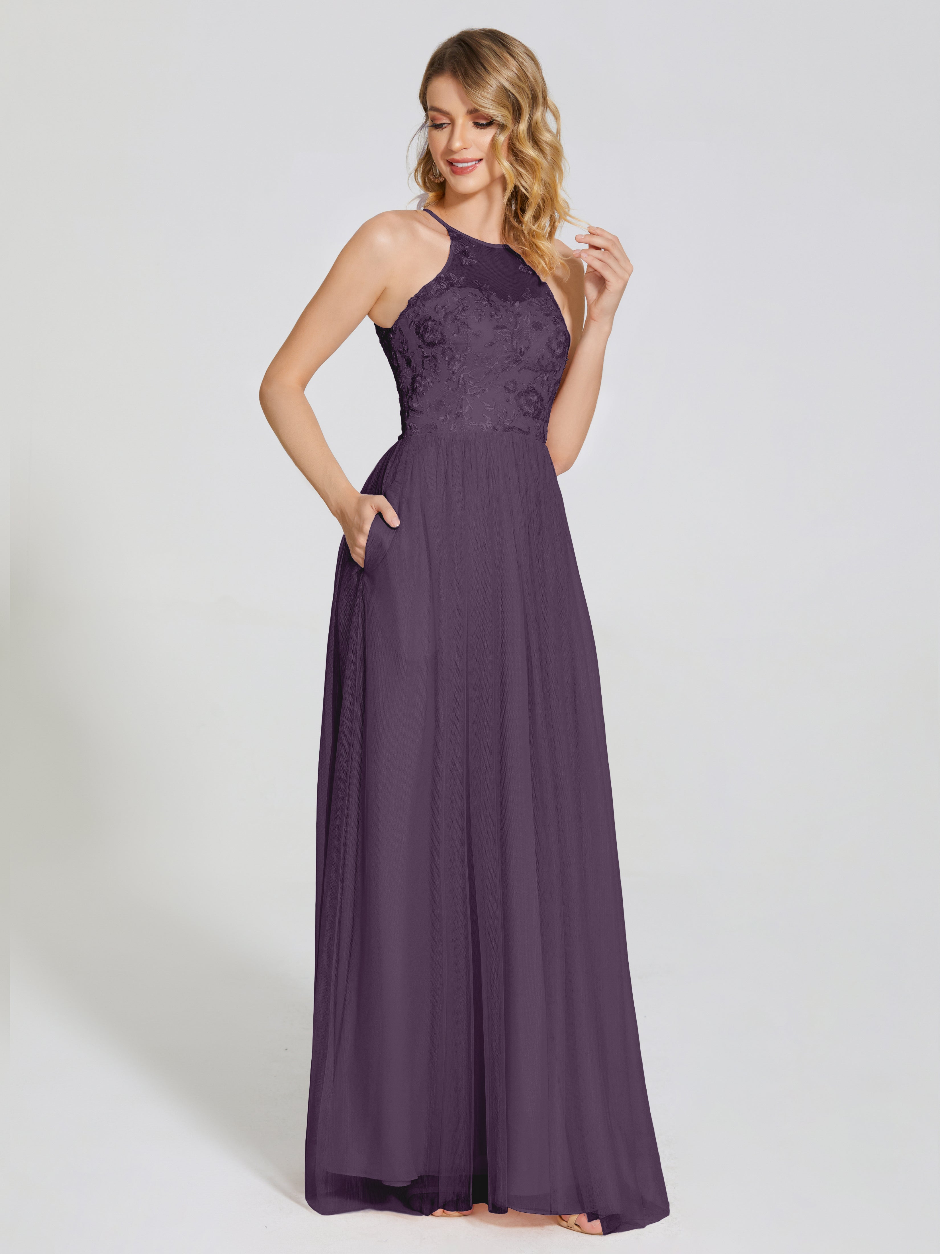 Plum Bridesmaid Destiny Halter Embroidered Tulle Bridesmaid Dresses