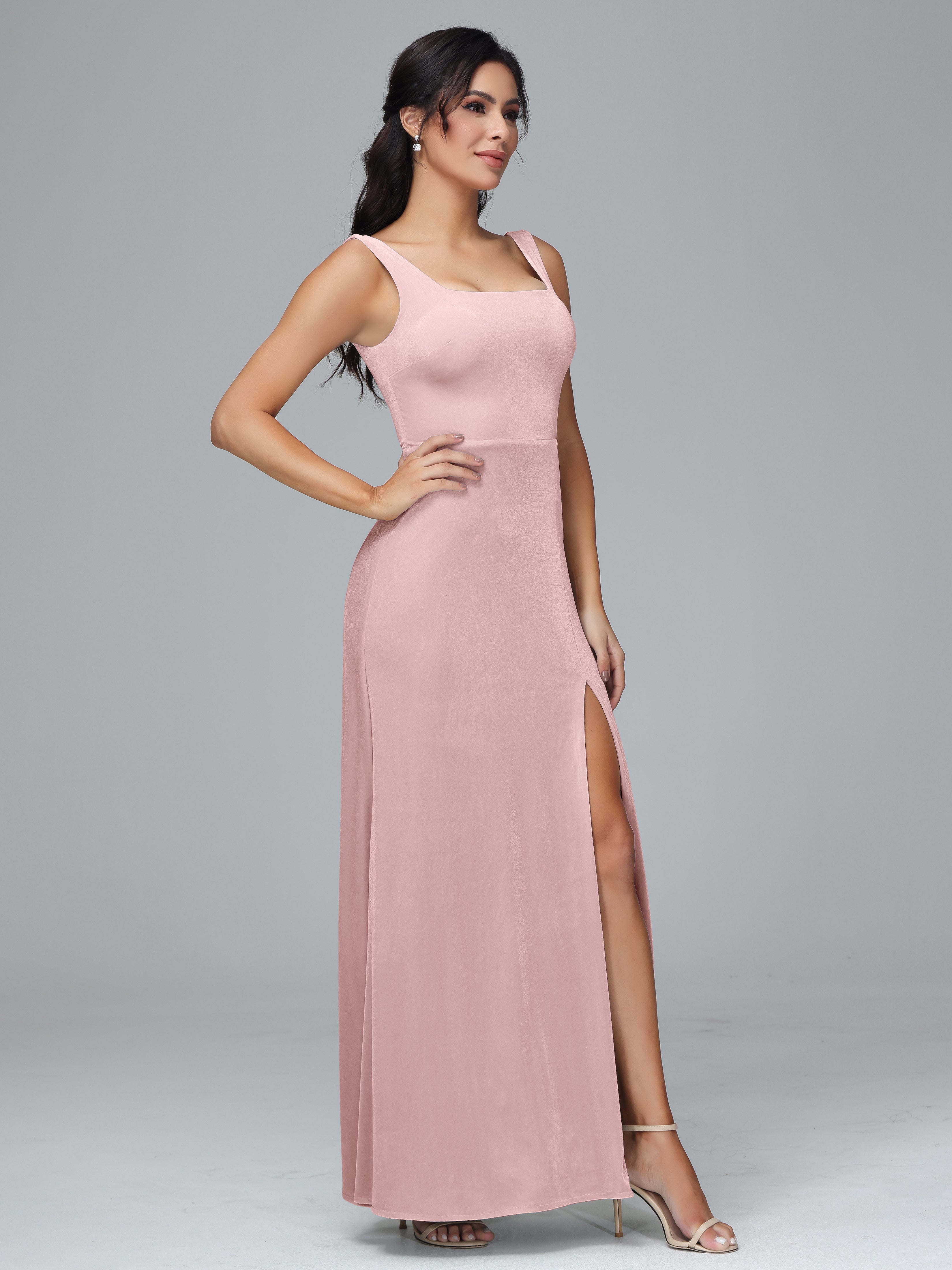 Scoop Straps Long Velvet Bridesmaid Dresses With Split
