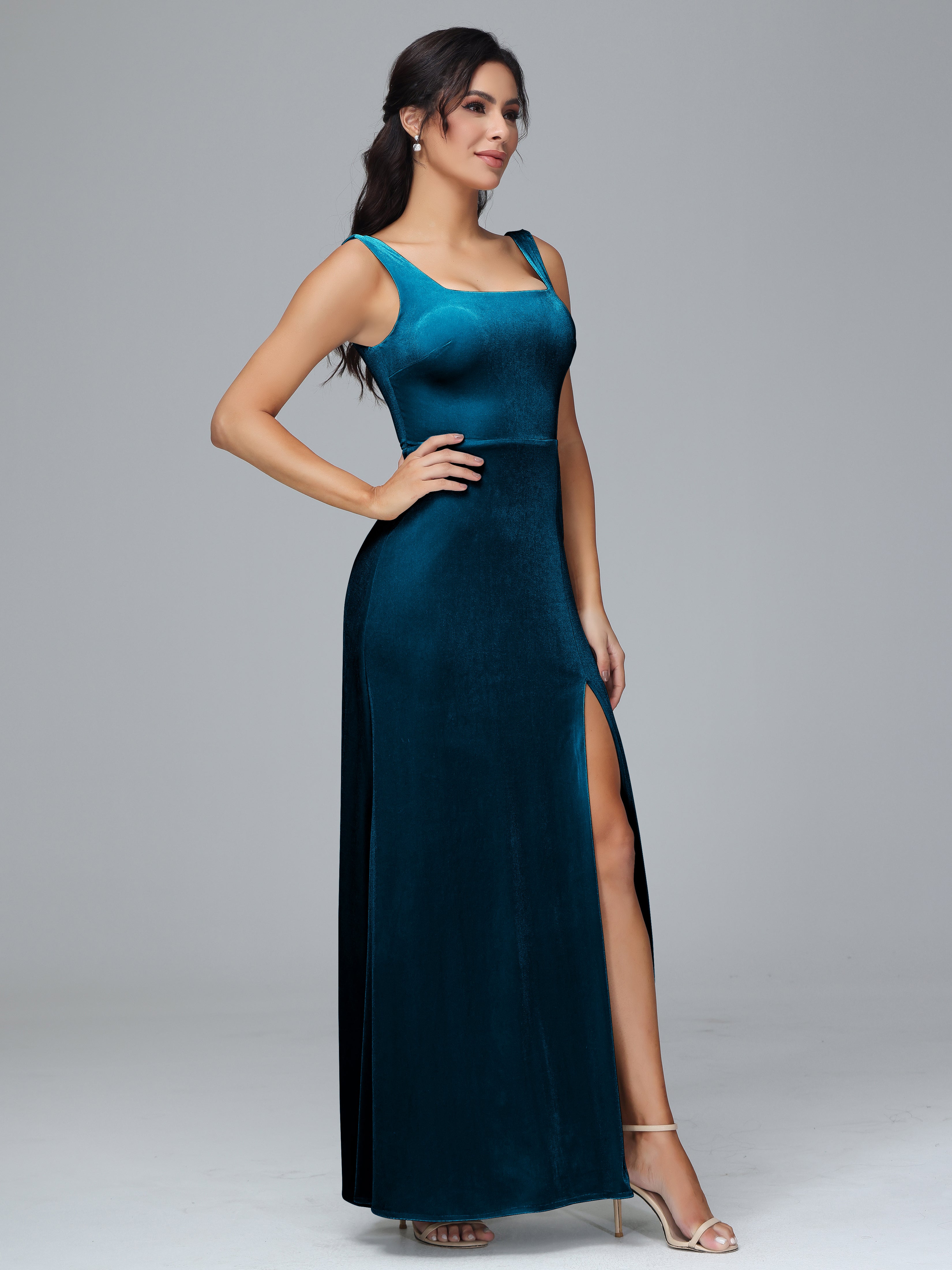 Scoop Straps Long Velvet Bridesmaid Dresses With Split